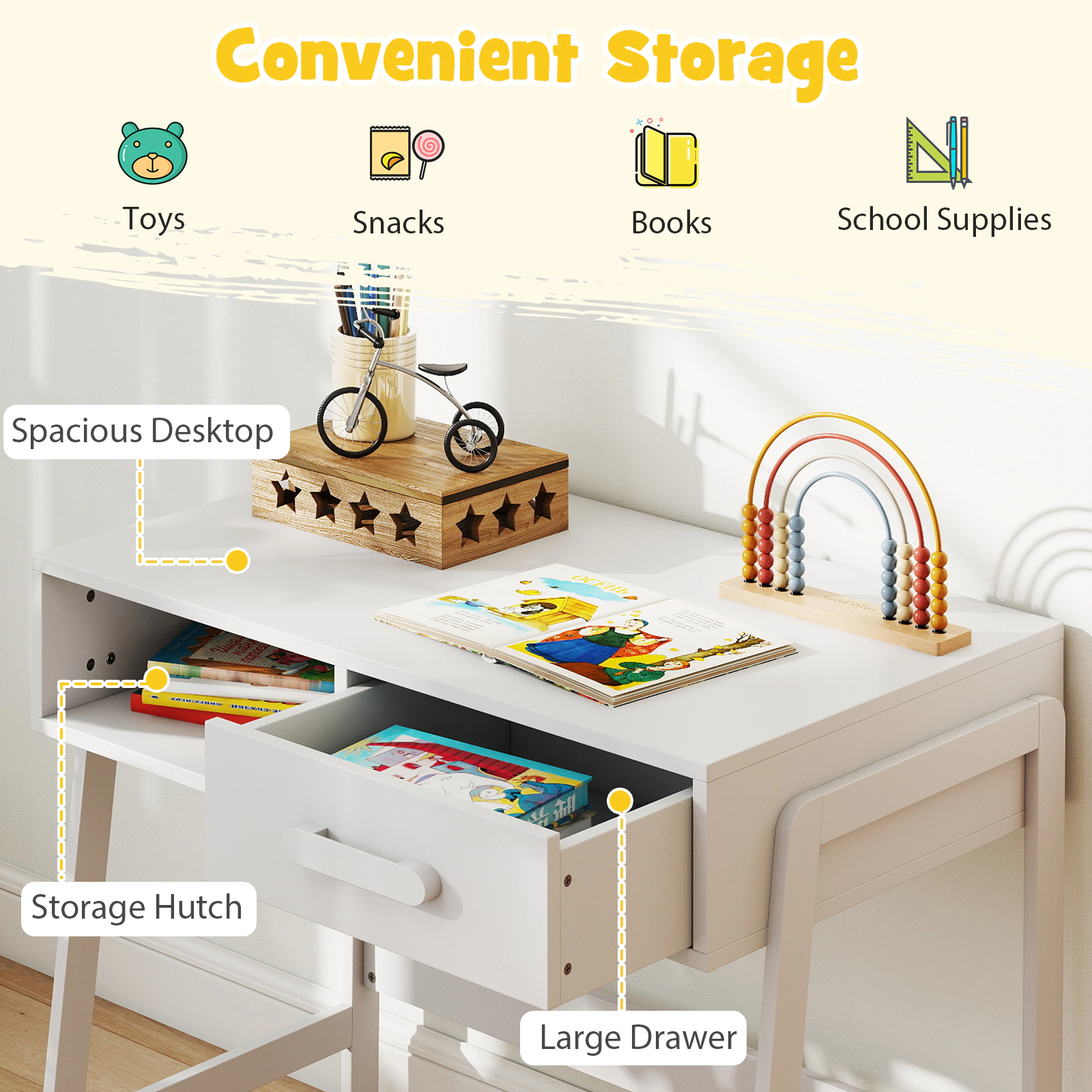 SUGIFT Kids Desk and Chair Set, White Study Desk with Hutch and Storage Drawer