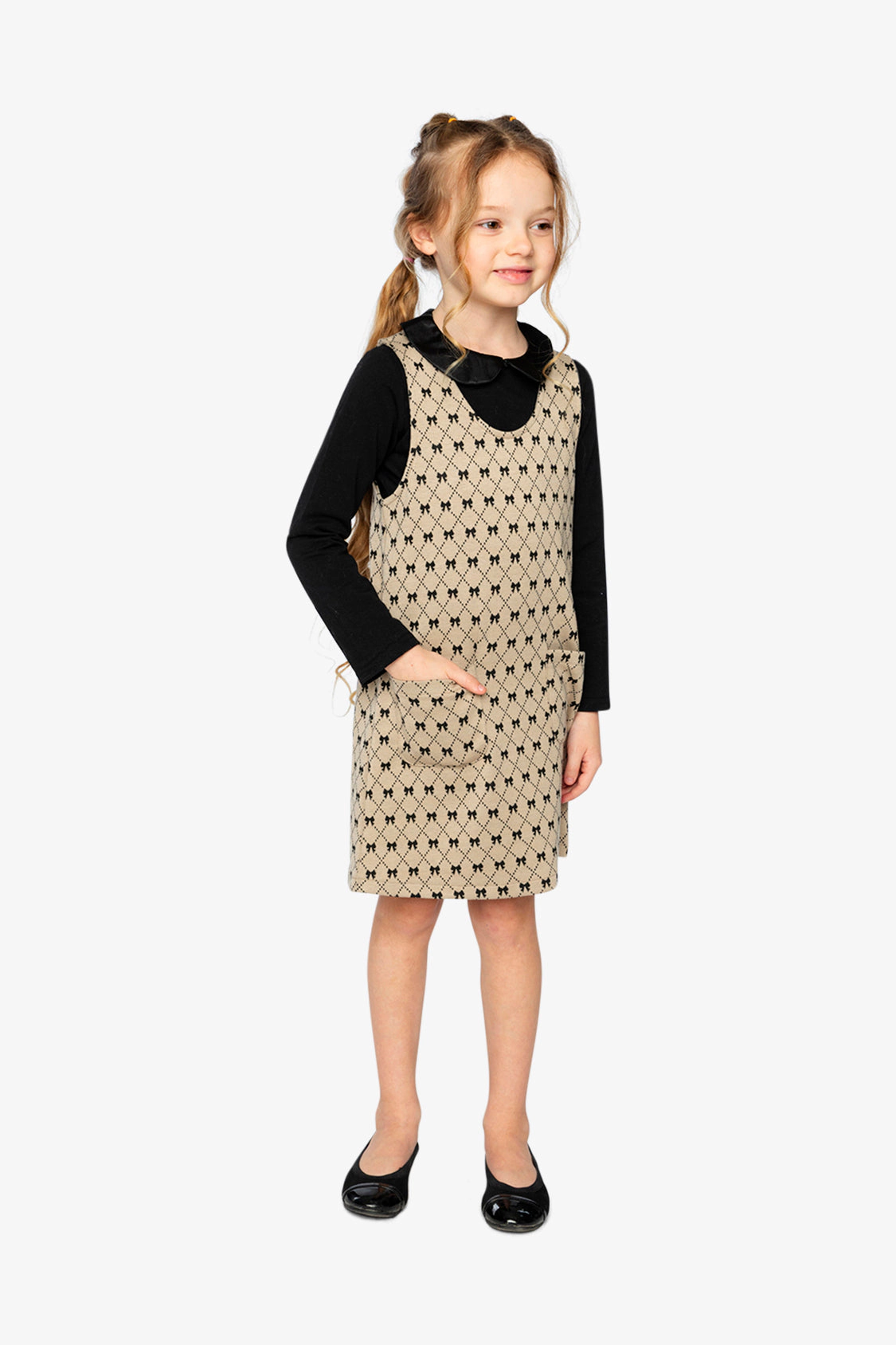Deux par Girls Jacquard Knit Bow Tie Print Jumper with Front Pockets