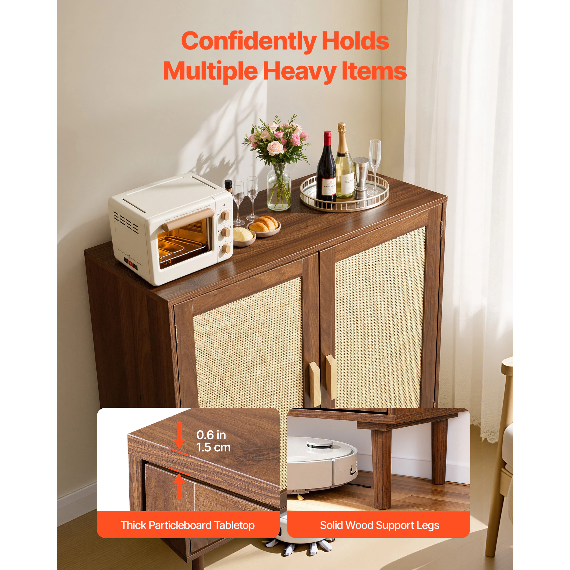 HONGGE Rattan Cabinet Rattan Storage Cabinet with 2 Magnetic Doors and Adjustable Shelves Accent Sideboard Buffet with