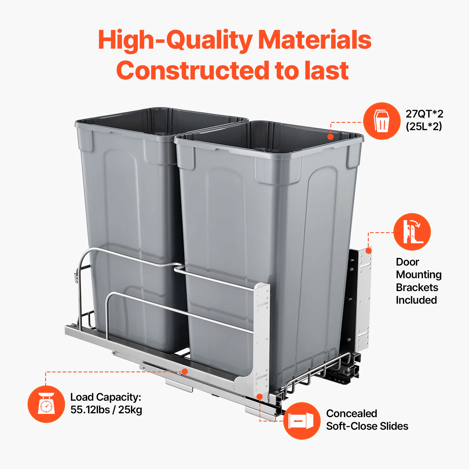 HONGGE Double Pull-Out Under-Cabinet Trash Can, Dual 27 Qt Bins with Soft-Close Slides & Door Kit, Grey