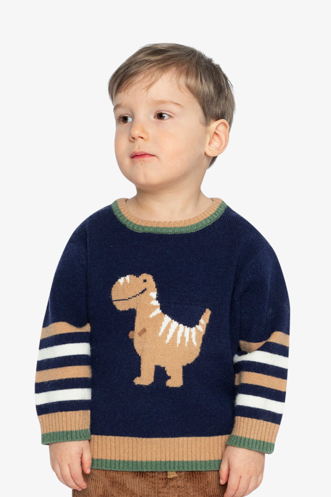 Deux par Boys Knit Crewneck Sweater with Dino Intarsia and Striped Ribbed Trim