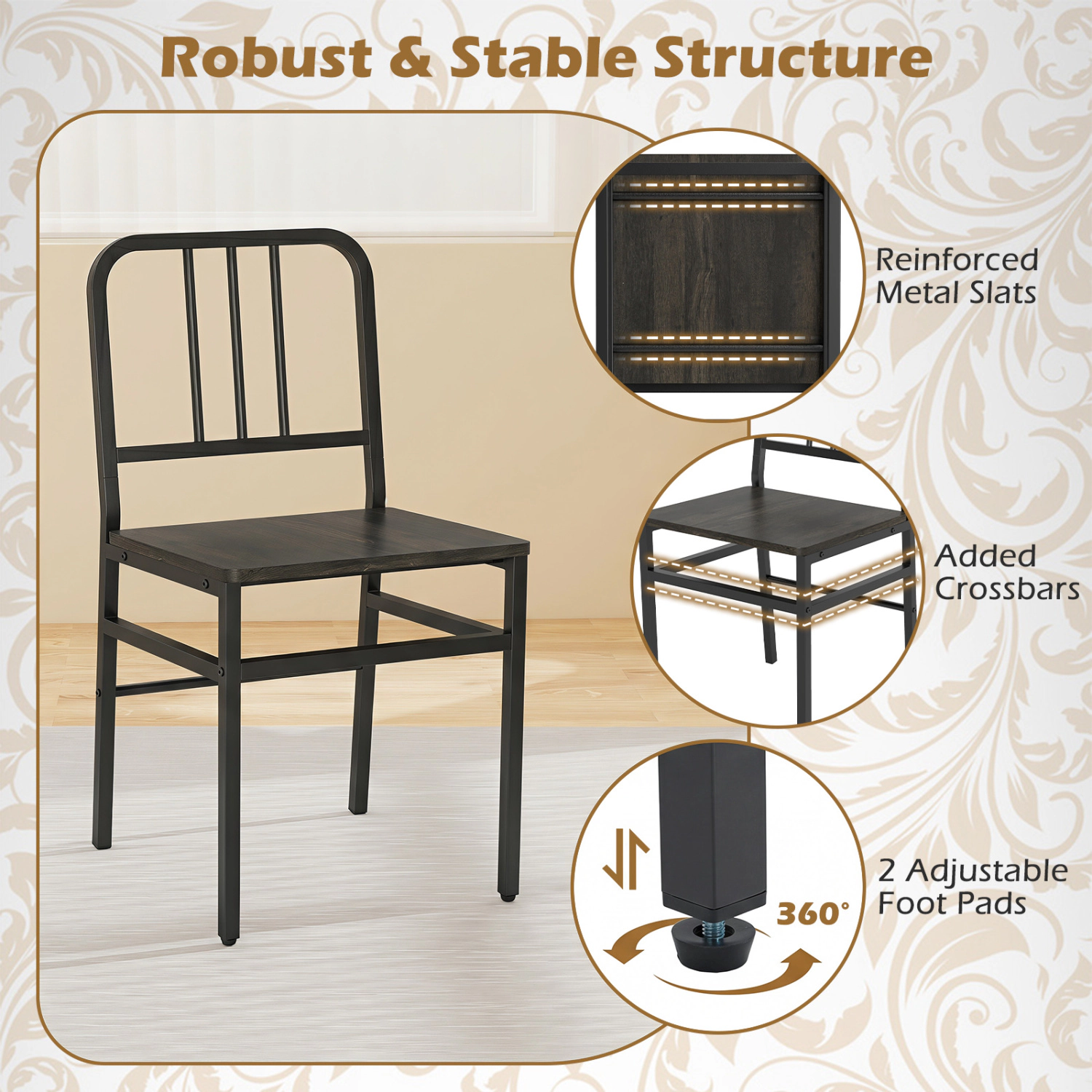 LJG Dining Chairs Set of 4 with Slatted Backrest & Metal Frame and Wooden Seat