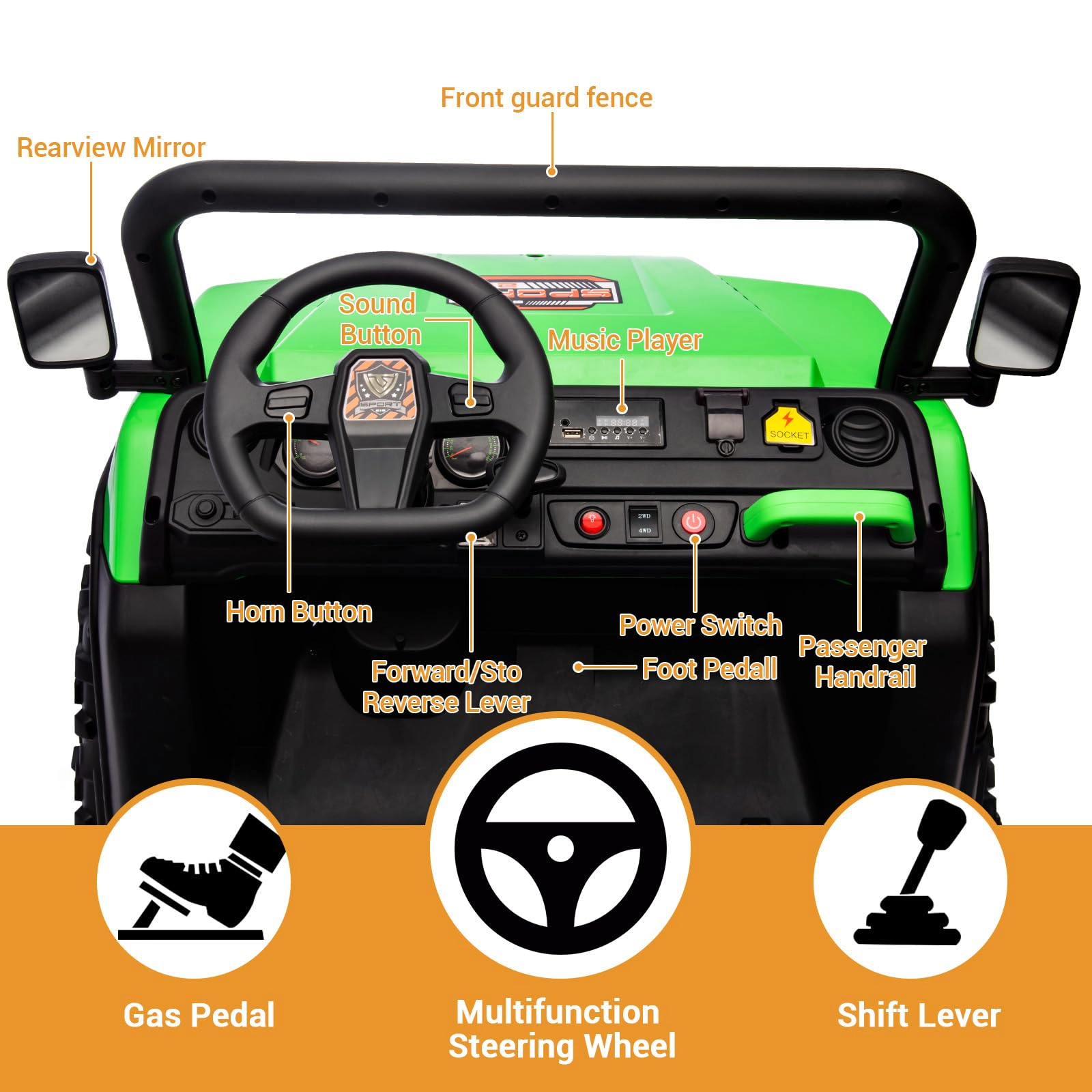 Enjyam 24V 6-Wheel Ride-on Dump Truck, 2-Seater 4WD Electric UTV with Remote, Bed & Shovel, Music, LED