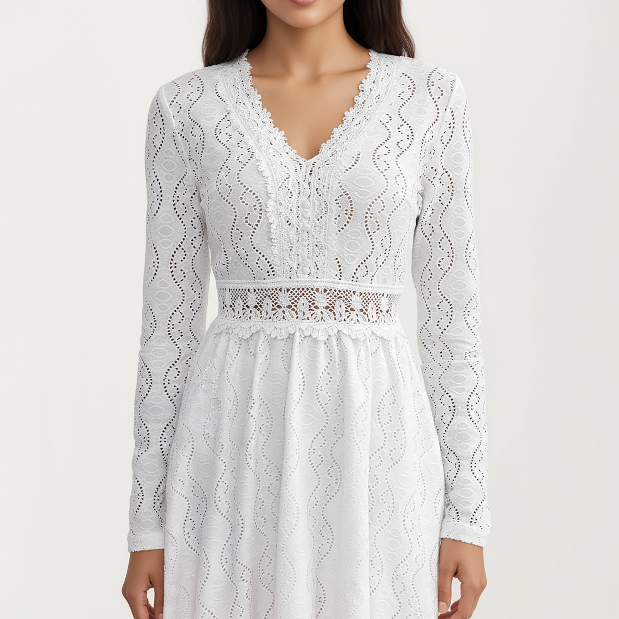 Anna-Kaci Women's Long Sleeve Lace V Neck Sheer Waist Detail Mini Dress