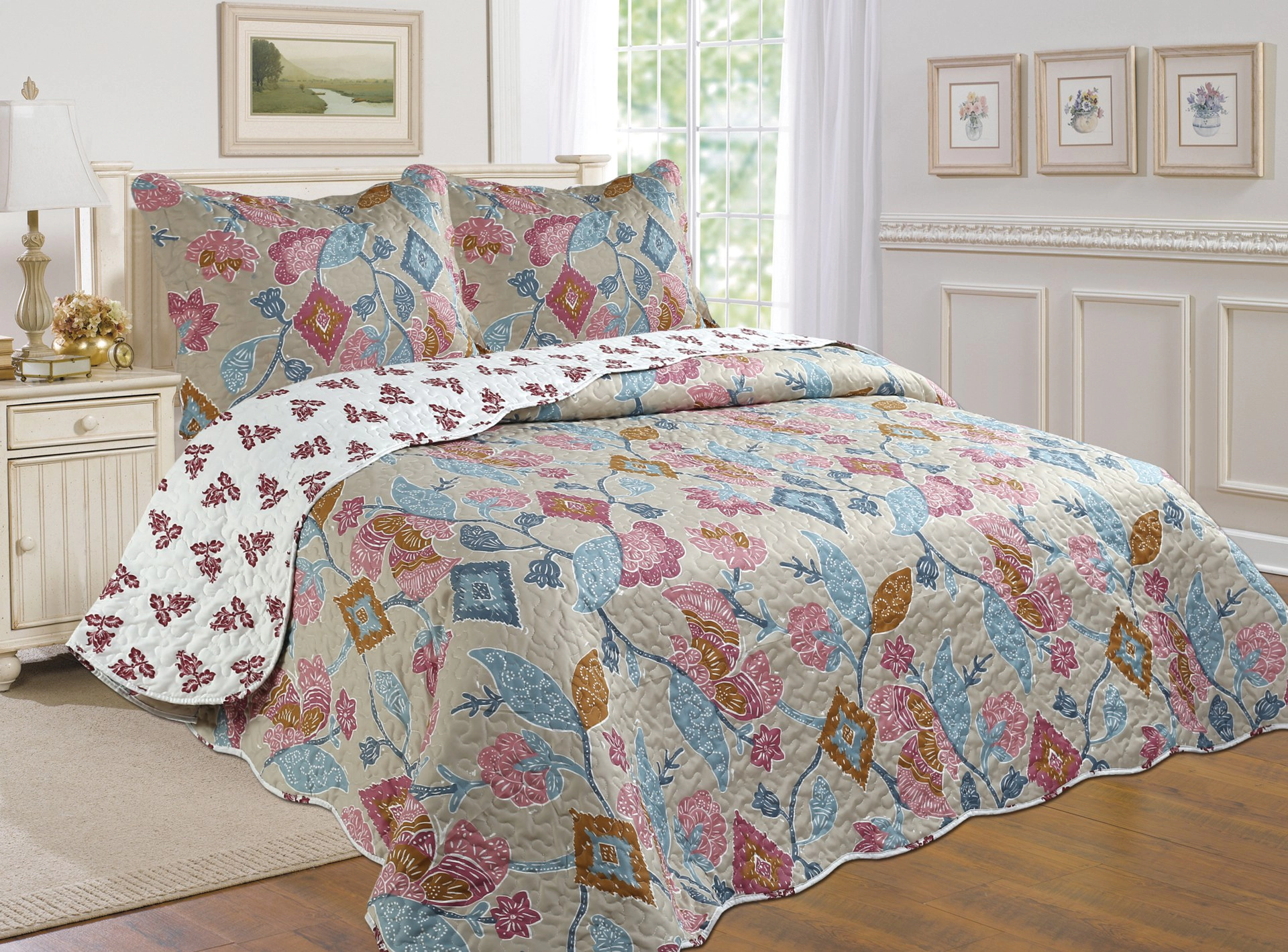 J&V TEXTILES 100% Microfiber Floral Traditional Reversible Quilt Set