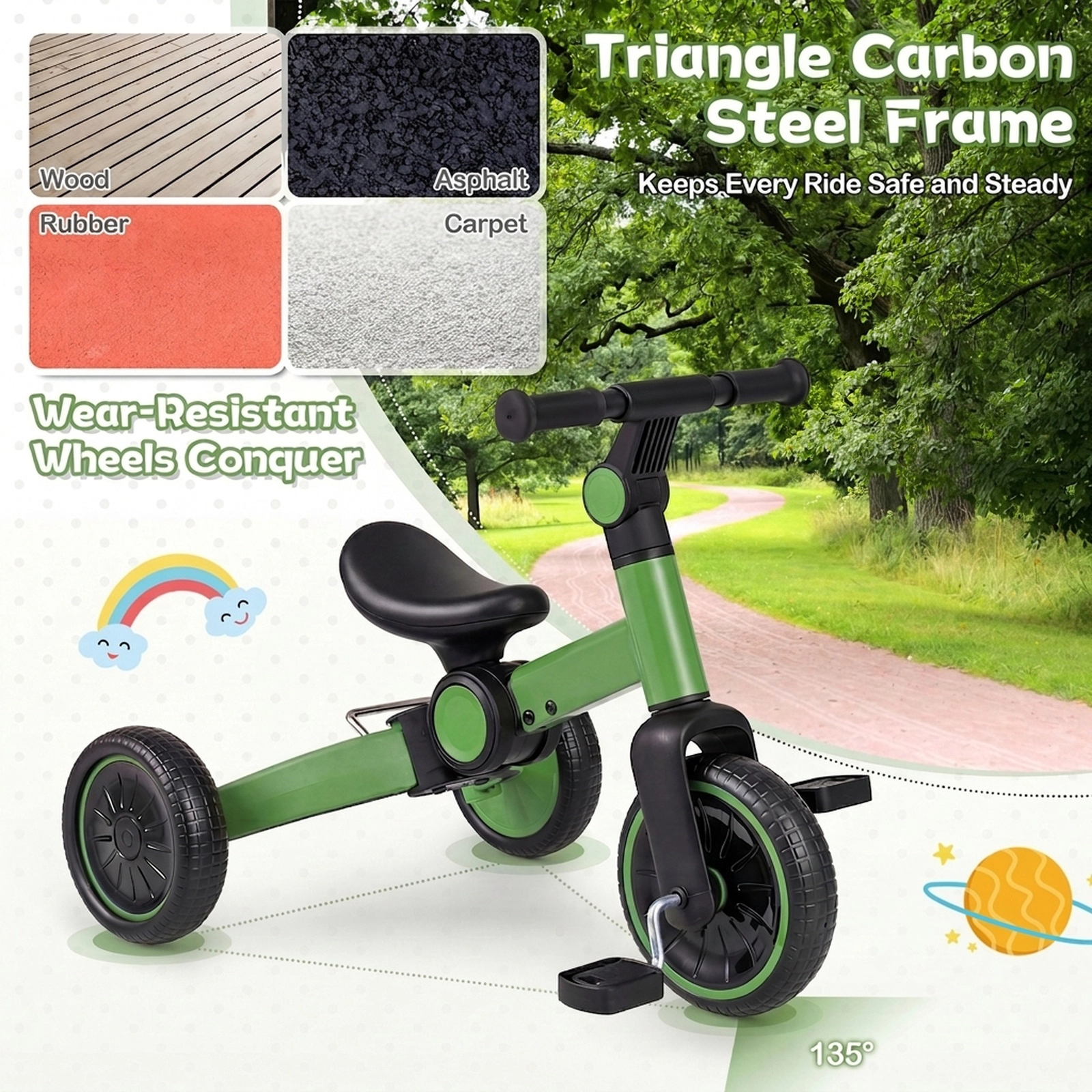 5-in-1 Toddler Balance Bike Removable Pedals 4-Level Handlebar 135-Degree Steering Limit Ages 2-4 Green