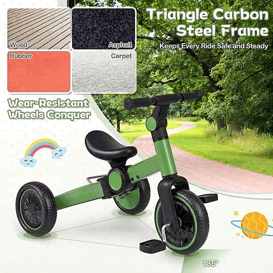 5-in-1 Toddler Balance Bike Removable Pedals 4-Level Handlebar 135-Degree Steering Limit Ages 2-4 Green