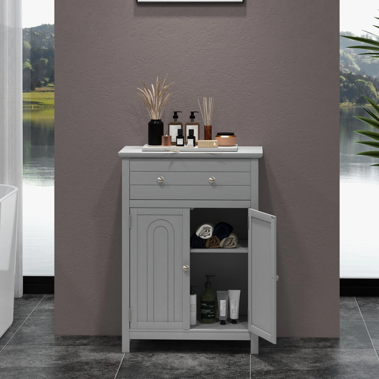 SUGIFT Gray 110-lb Top Capacity 2-Door Wooden Bathroom Floor Storage Cabinet with Drawer and Adjustable Shelf