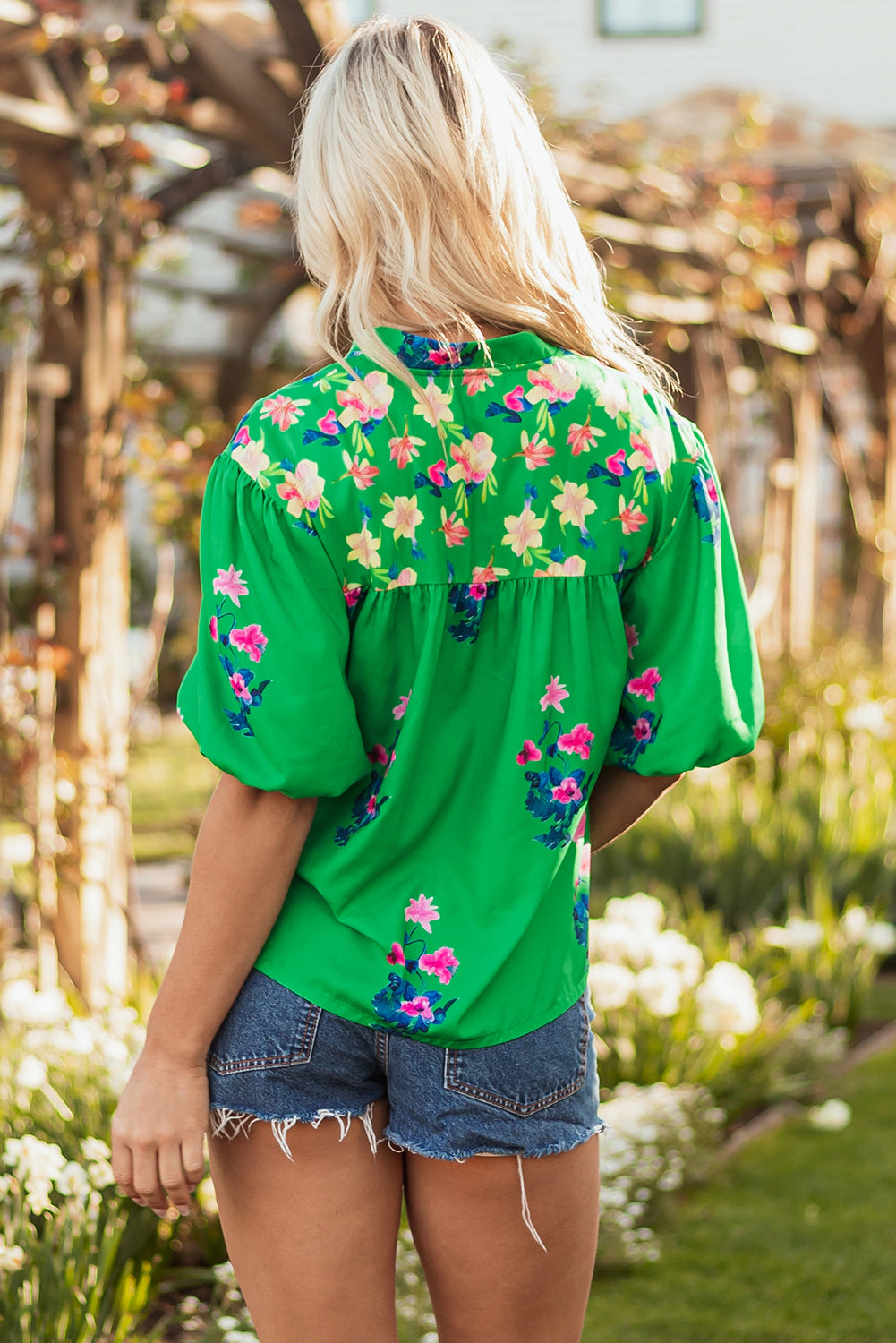 Threaded Pear Women's Ayah Floral Tie Split Neck Short Sleeve Blouse