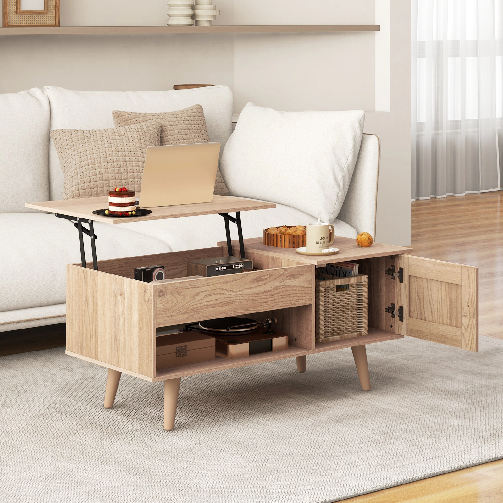 SUGIFT 39.5-in Natural Convertible Writing Desk Coffee Table with Lifting Top Soft-Close Cabinet and Cubbies