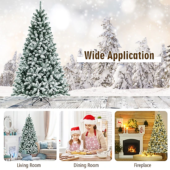 Costway 6/7/8ft Pre-lit Snow Flocked Hinged Christmas Tree w/1502 Tips & Metal Stand