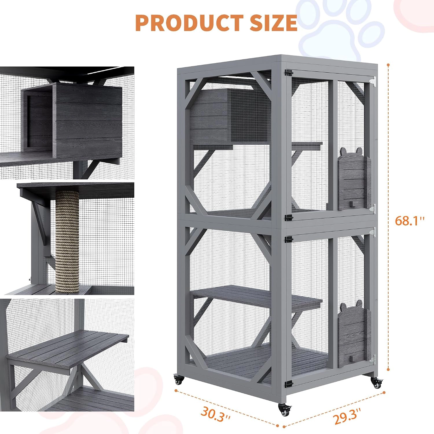 Wooden Outdoor Catio Cat Enclosure, Weather-Resistant Cat House with Scratching Post & Mesh Panels