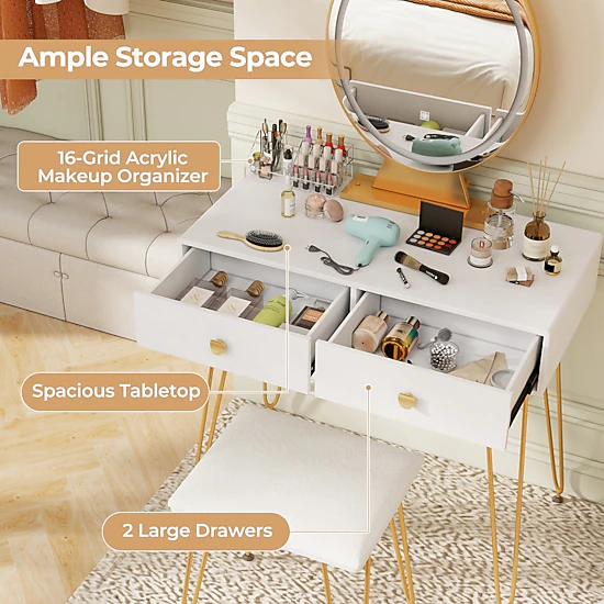 SUGIFT 3-Color Vanity Table and Stool Set with Lighted Removable Mirror ...