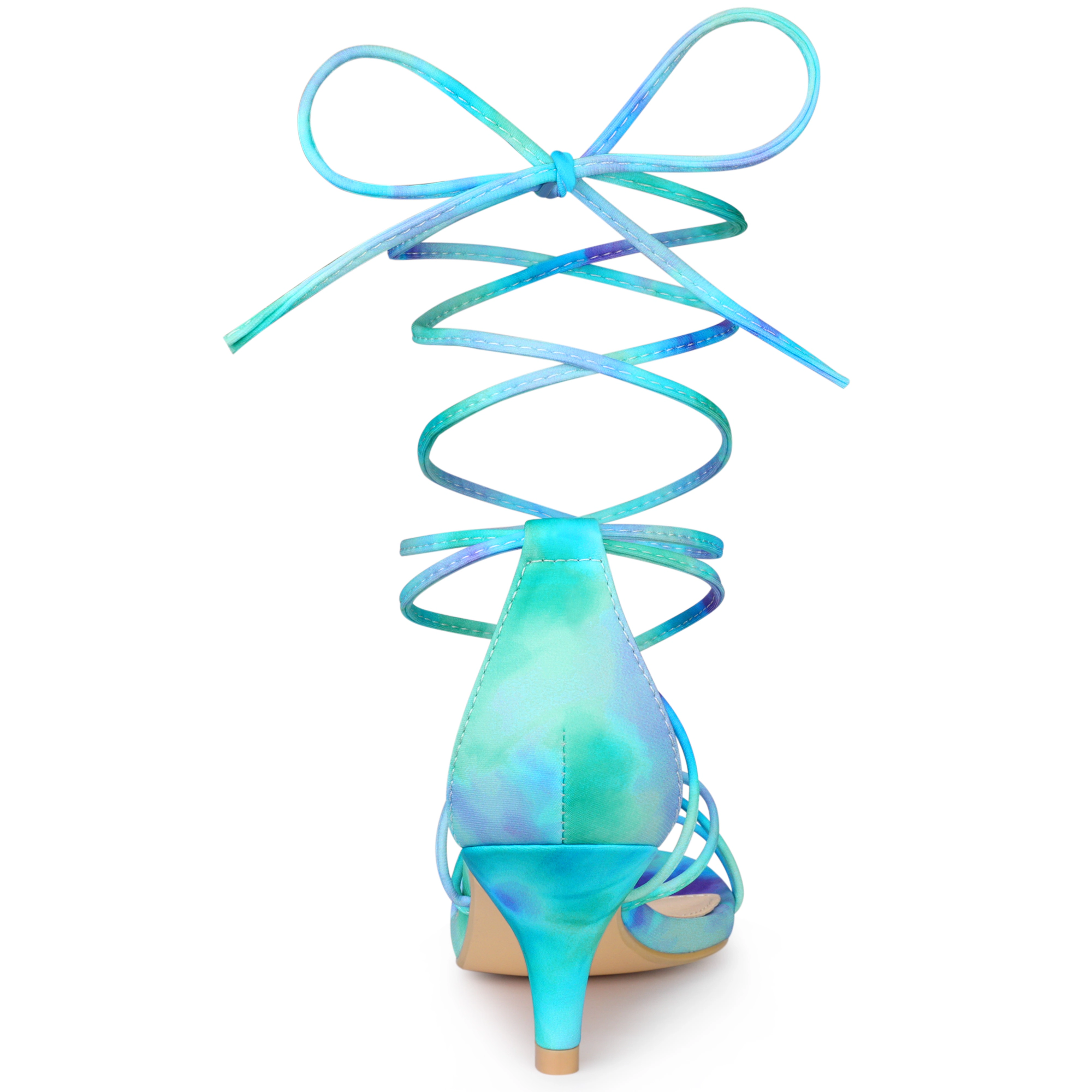 BLISSFUL STEP Women's Tie Dye Strappy Open Toe Lace Up Kitten Heel Sandals