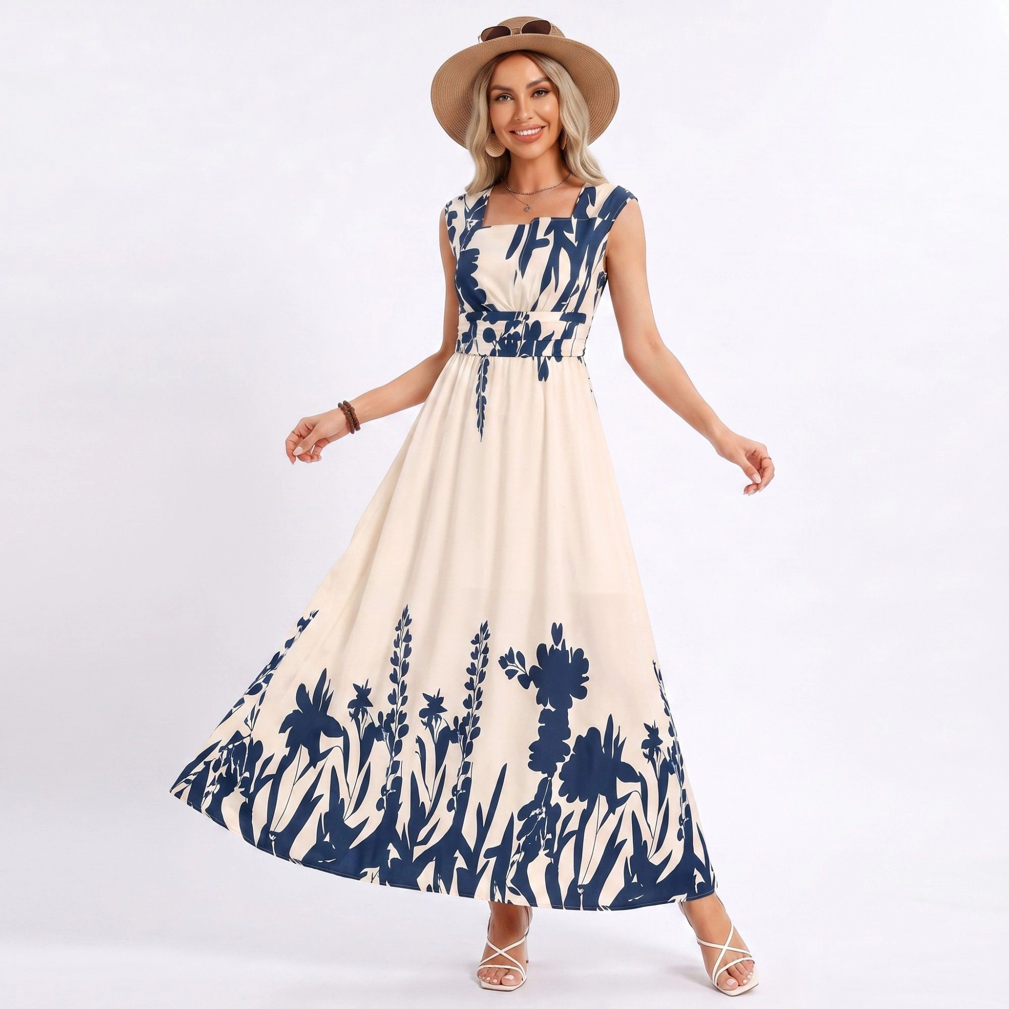 Anna-Kaci Women's Border Print Square Neck Sleeveless A-Line Maxi Dress