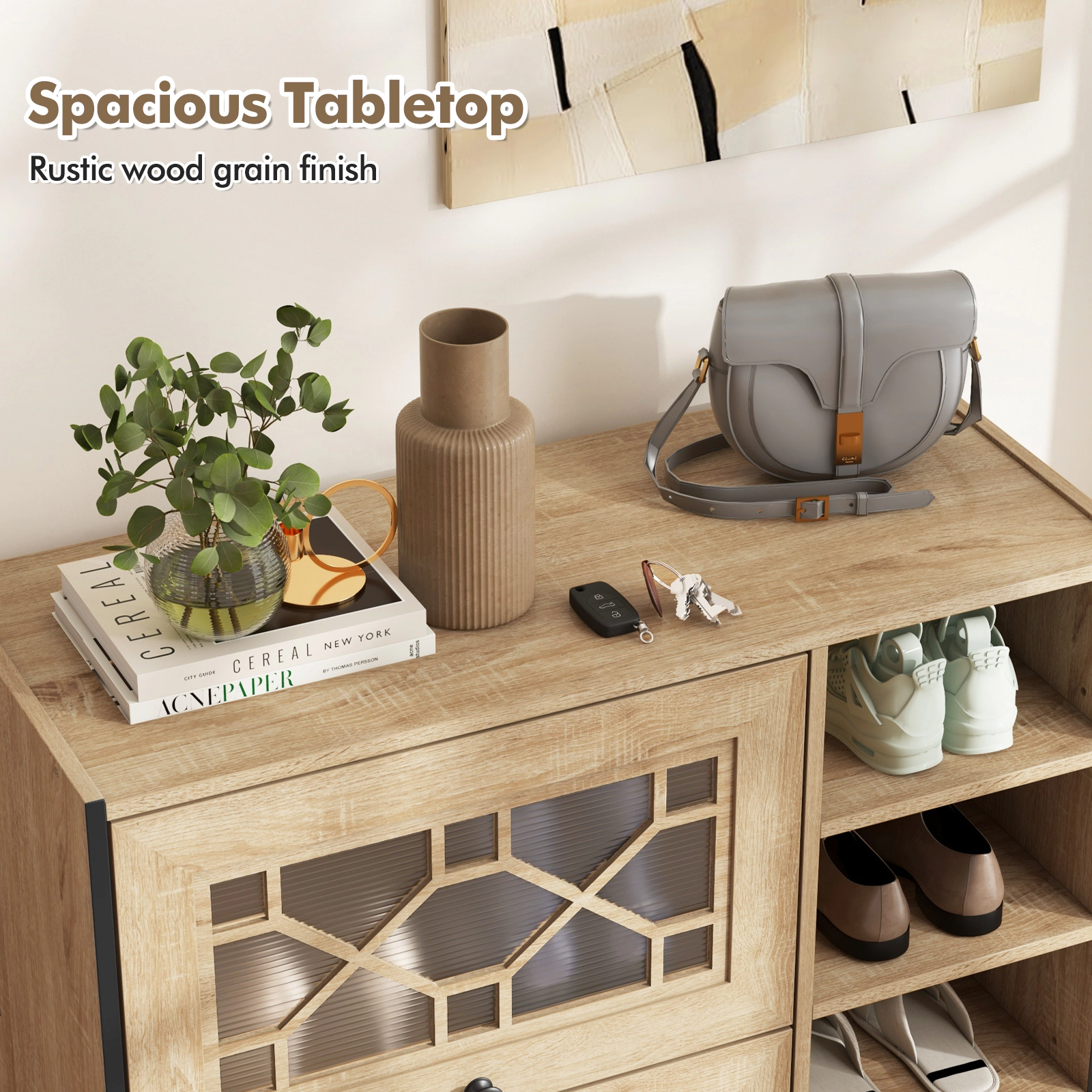 SUGIFT Oak 35.5-in Entryway Shoe Cabinet with Flip-Up See-Through Doors and 4 Open Storage Shelves