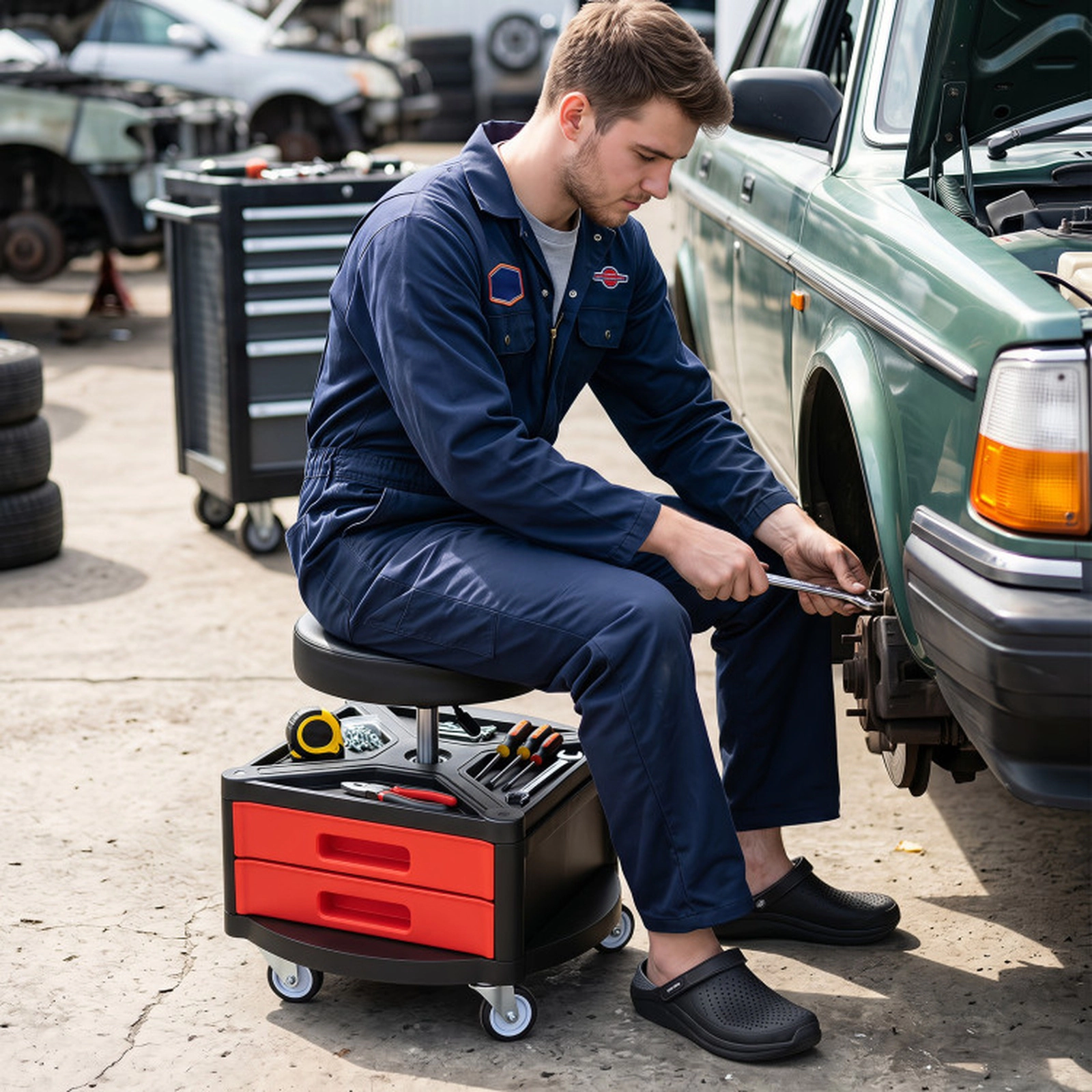 SUGIFT 330-lb Capacity Adjustable Rolling Work Stool with Dual Tool Trays 3 Drawers and 5 Wheels