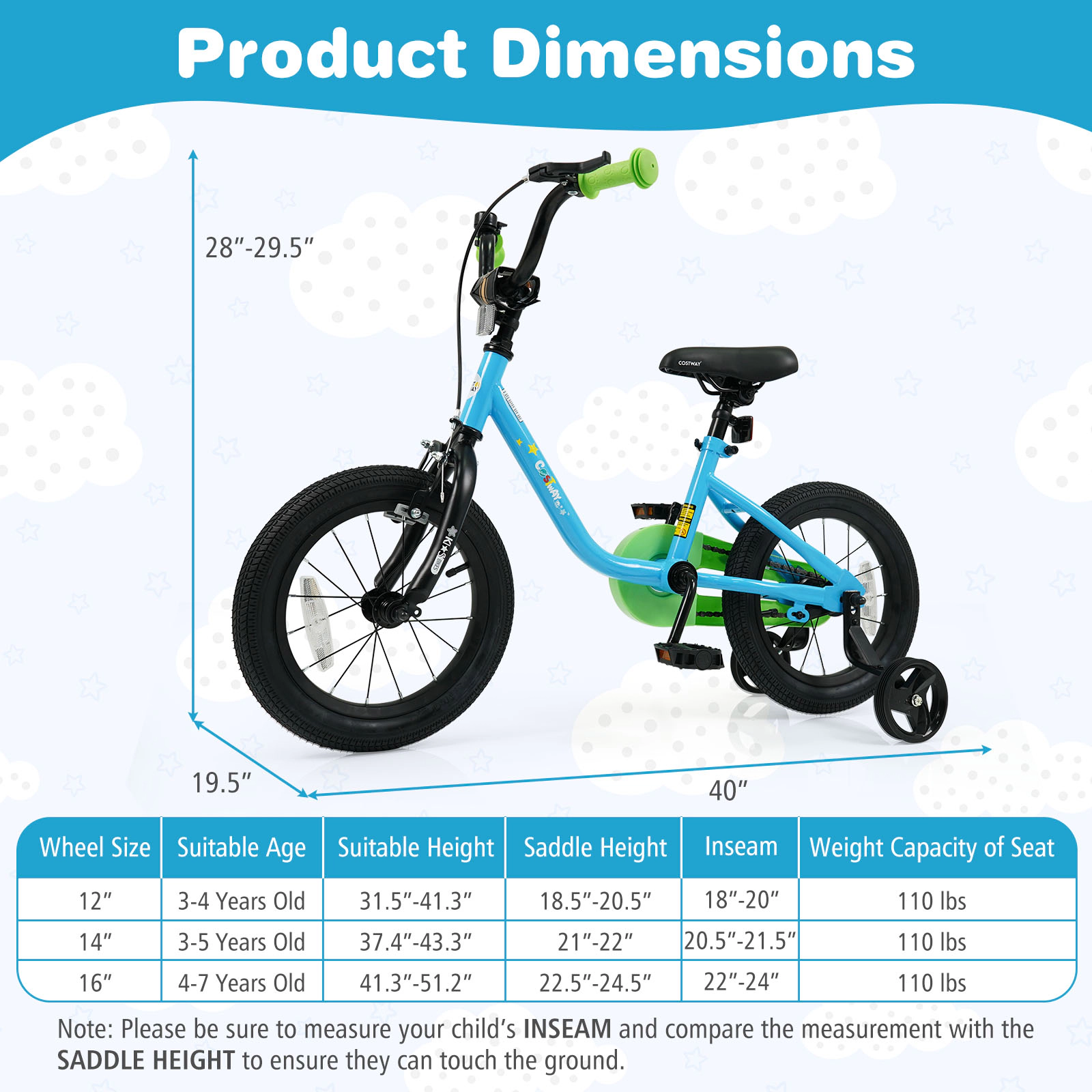 LJG Kids Bike for 3-7 Years Old Boys and Girls 12/14/16-Inch Children Bicycle Blue