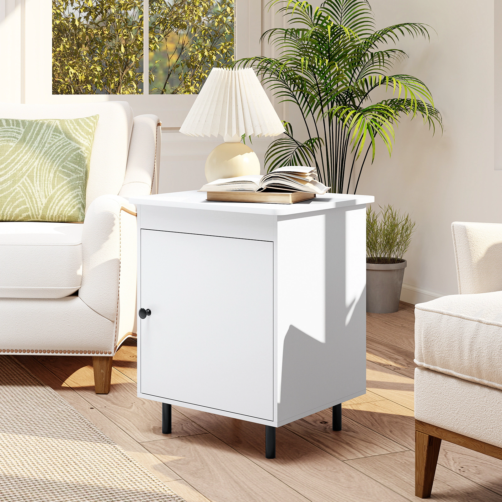 SUGIFT Mid Century Nightstand End Table with Door 110-lb Tabletop Capacity 20-in Wide 24.5-in Tall 1-Piece White + Black