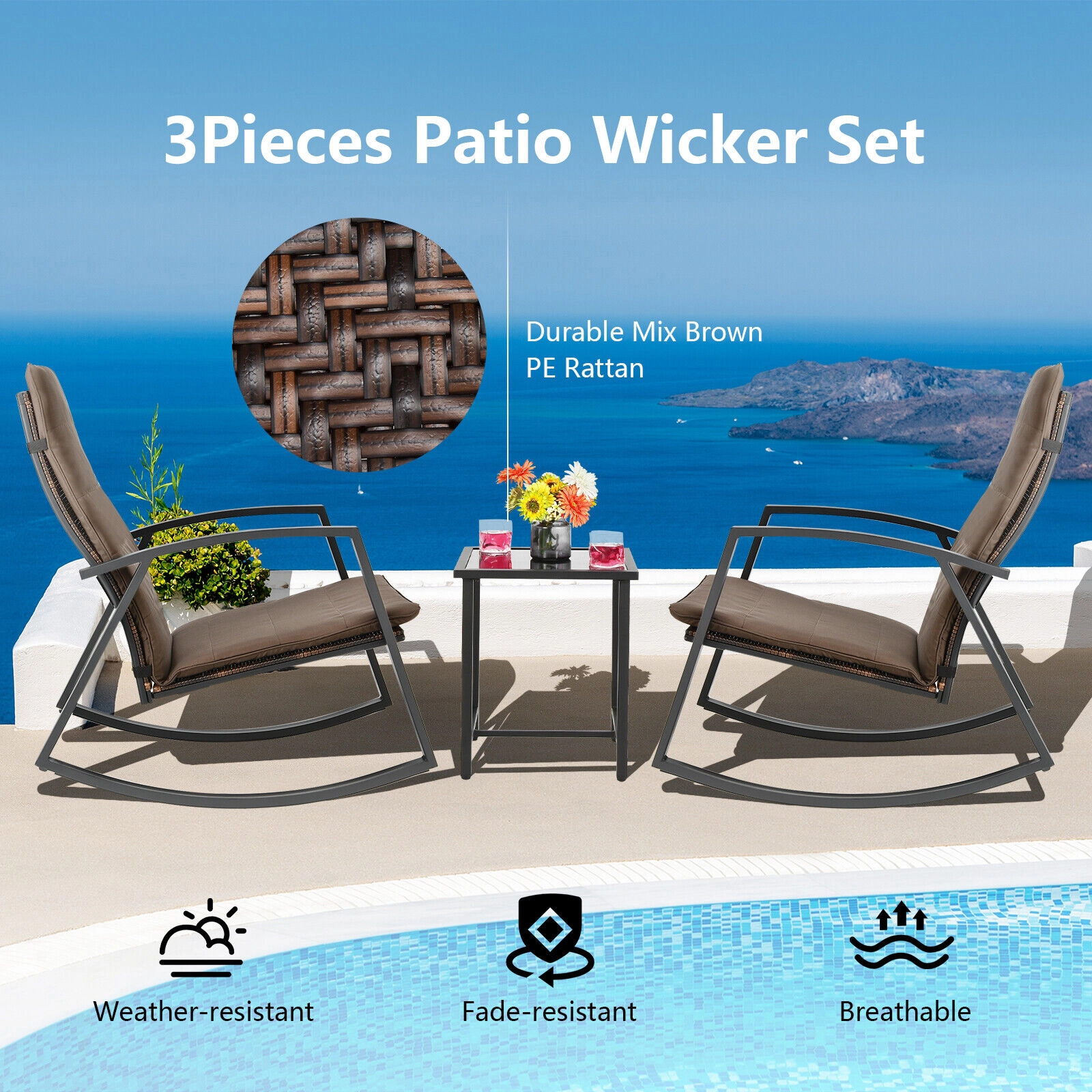 SUGIFT Glass Top Table and Padded Cushions 3-Piece Patio Rattan Rocking Chair Set