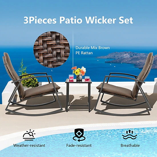 SUGIFT Glass Top Table and Padded Cushions 3-Piece Patio Rattan Rocking Chair Set