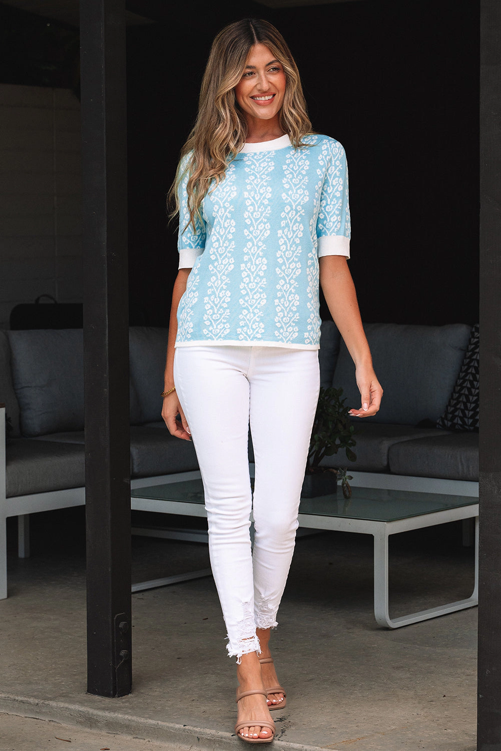 Threaded Pear Women's Leilani Floral Crewneck Short Sleeve Sweater