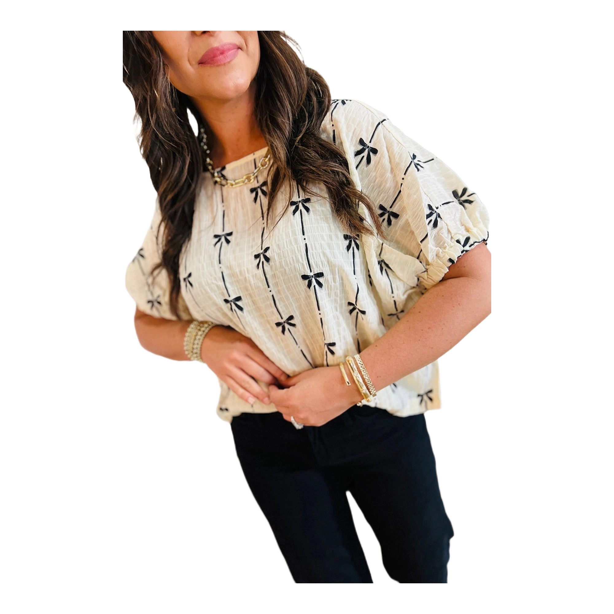 Sol Living Womens Bow Print Puff Short Sleeve Top