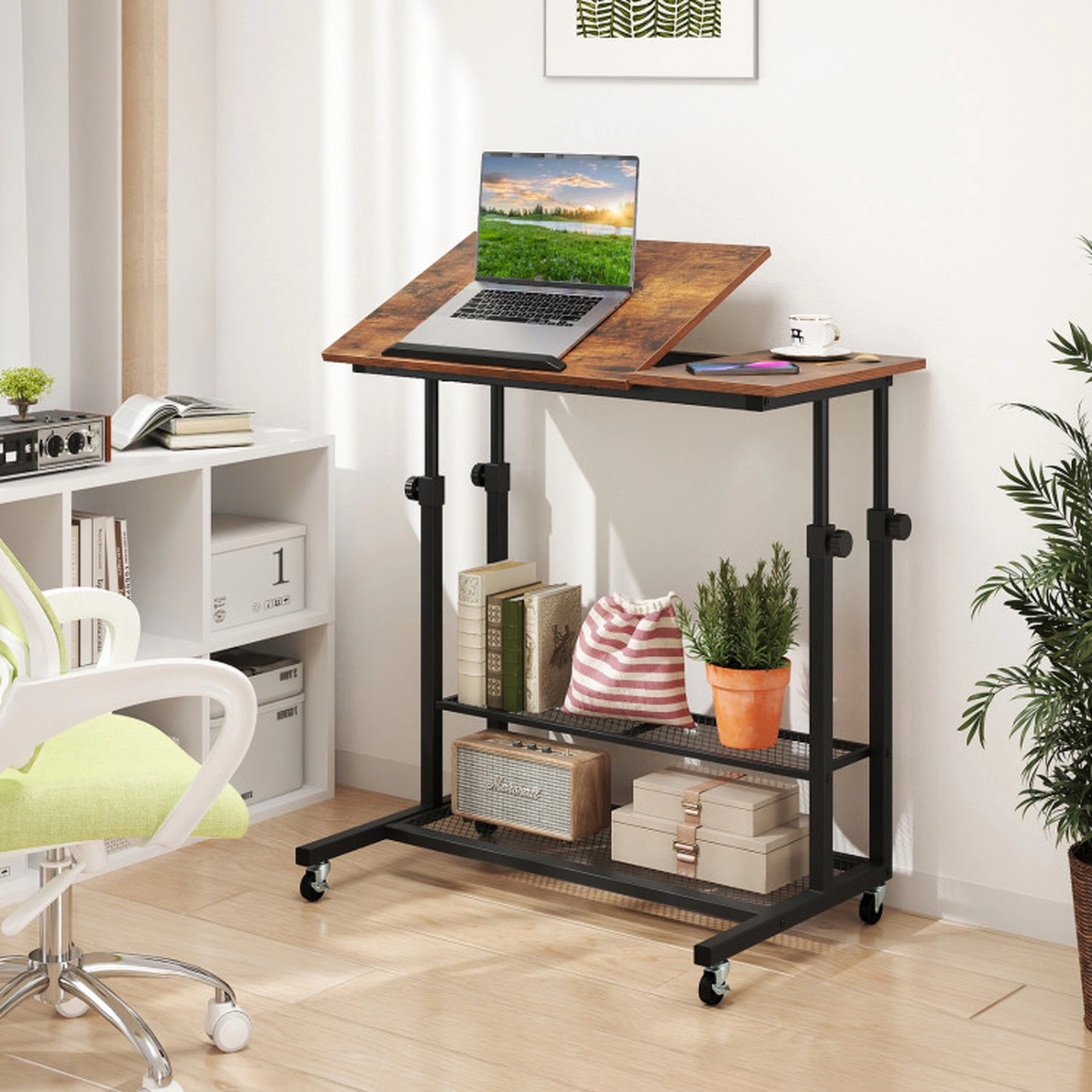 SUGIFT Rustic Brown Mobile Adjustable Standing Desk with Tilting Top and Mesh Shelves