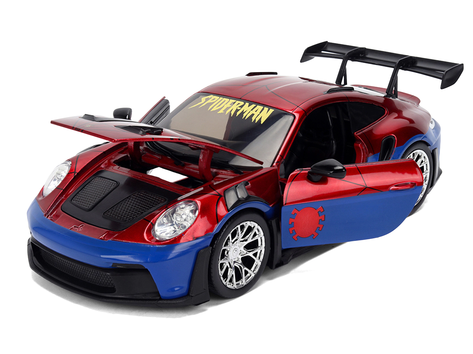 Jada Porsche 911 GT3 RS (992) Red and Blue with Graphics and Spider-Man Diecast Figure "Marvel Spider-Man"