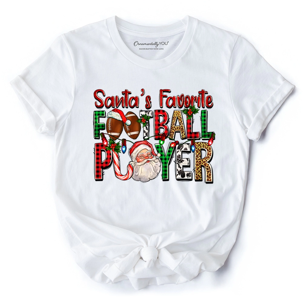 OrnamentallyYou Mens Santa's Favorite Football Player Plaid Christmas T-Shirt