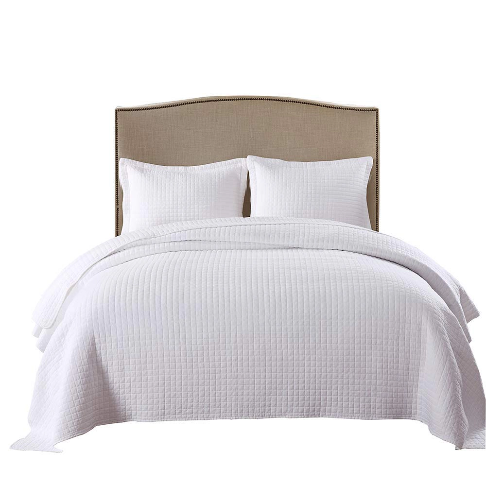 MarCielo 3 Piece Cotton Quilt Set White Square Quilted Bedspread Set