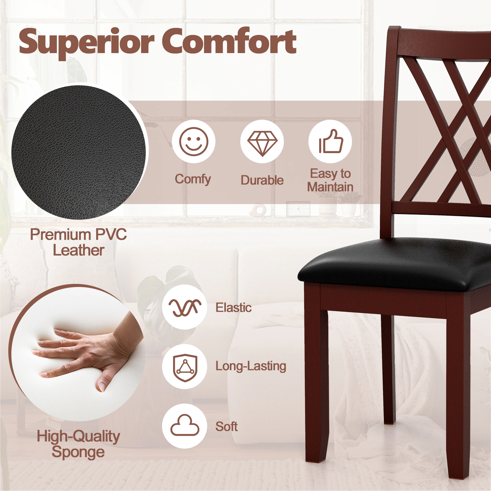 SUGIFT Set of 2 Dining Chairs with X-Backrest and Padded PVC Leather Seat 355-Lb Capacity Brown & Black 39-in Tall