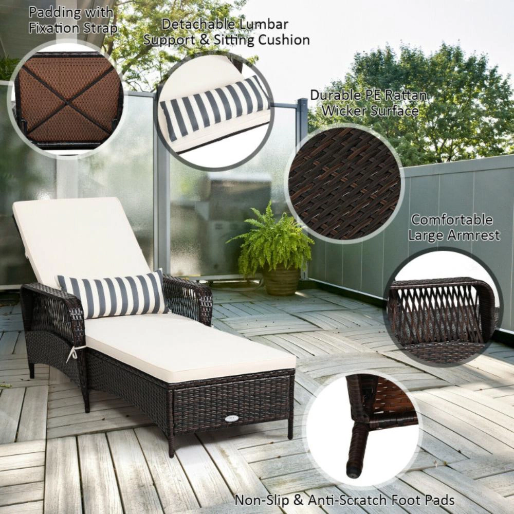 Hivvago Patio Wicker Chaise Lounge Chair with Pillow and Adjustable Backrest with Cushion
