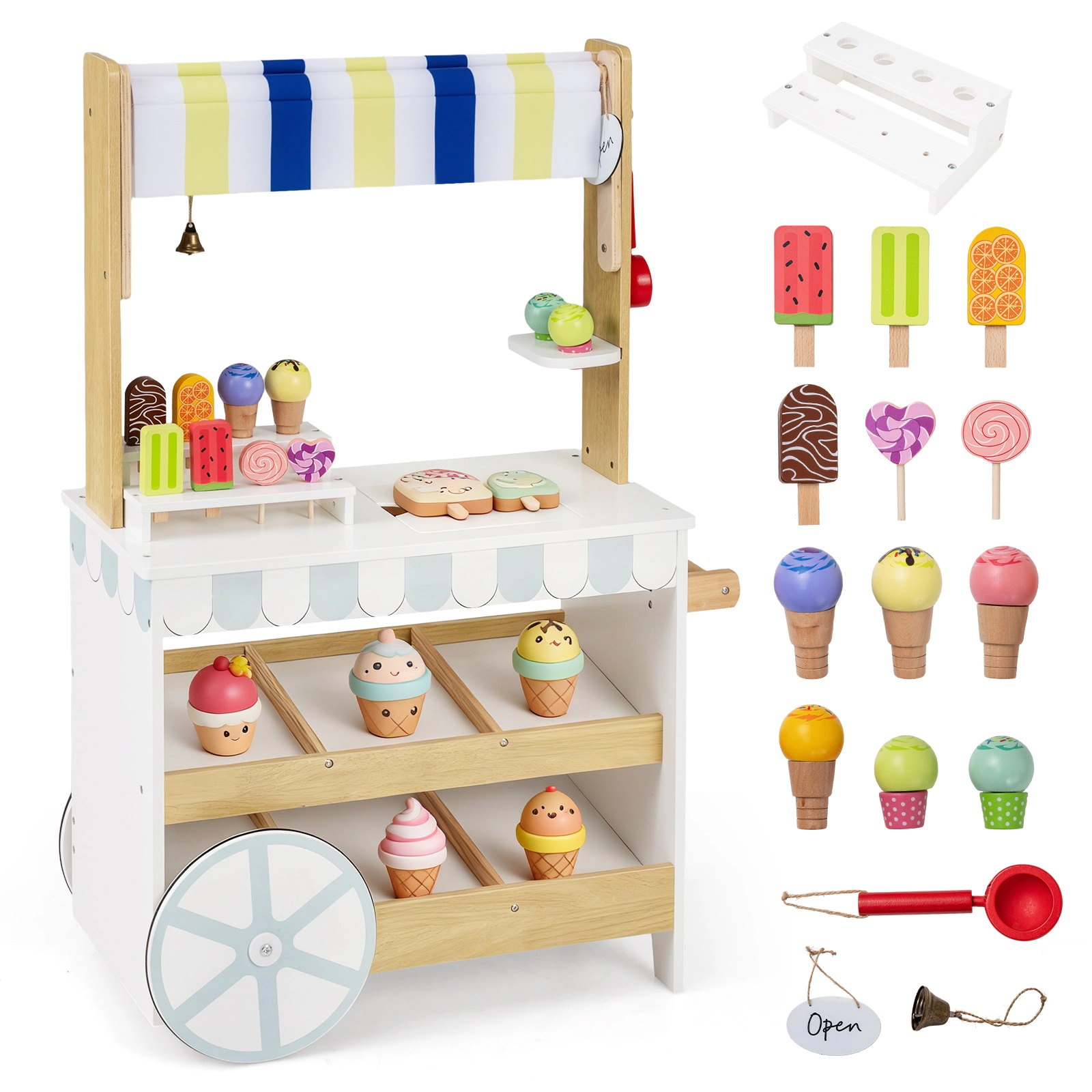 SUGIFT 2-in-1 Wooden Ice Cream Cart and Grocery Store Playset with 20.5-in Countertop Ages 3+ White