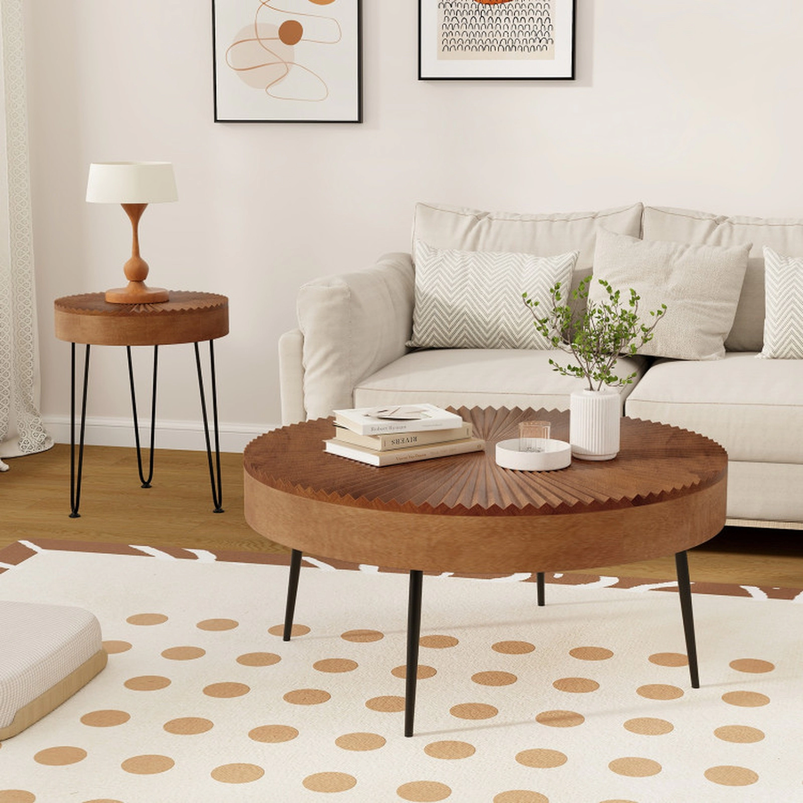 SUGIFT Set of 2 Boho Round Coffee Tables with Solid Pine Wood Top and Metal Legs 180-lb and 135-lb Capacity Brown