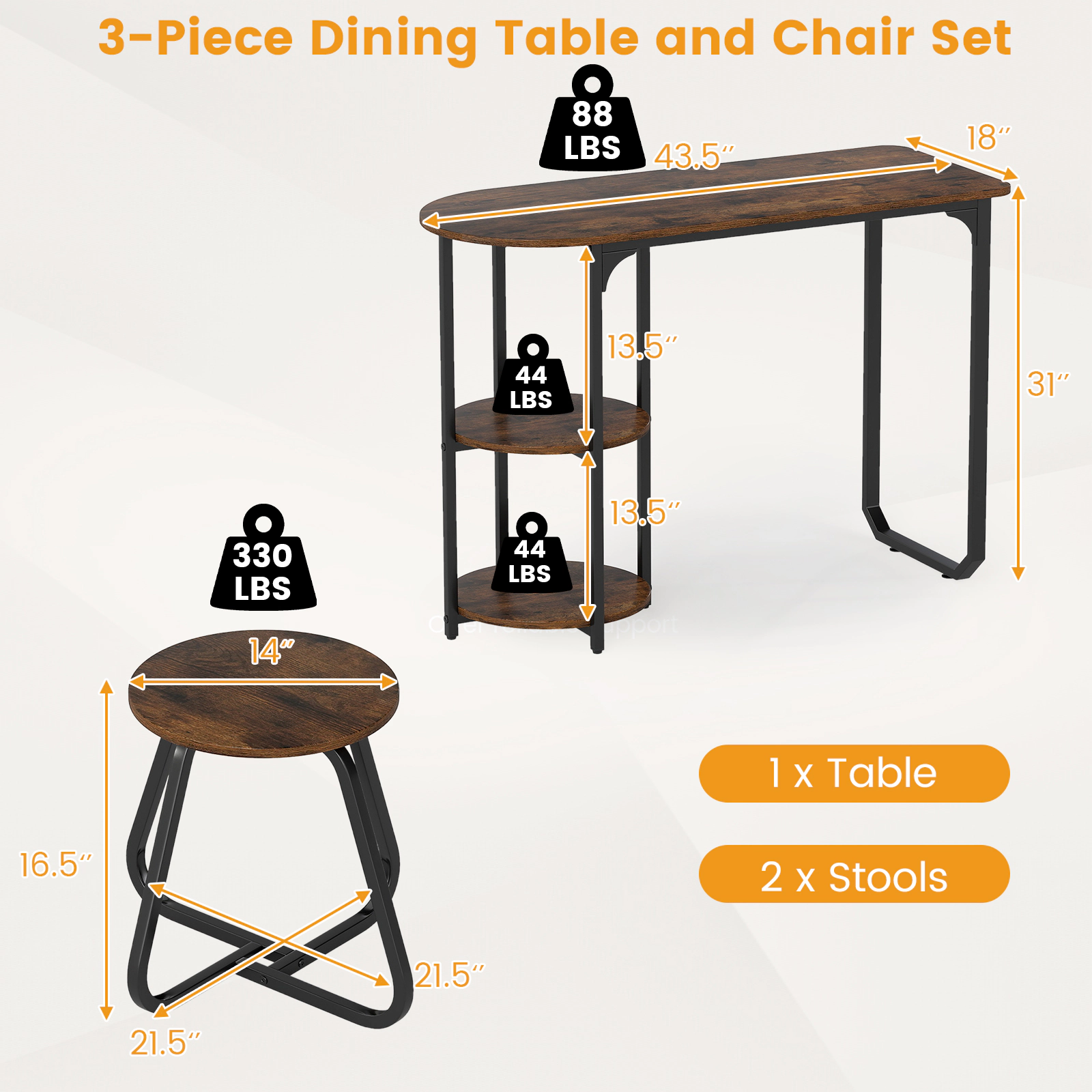 SUGIFT 3-Piece Industrial Dining Table Set with Shelves 88-lb Table Capacity 330-lb Stools Rustic Brown and Black