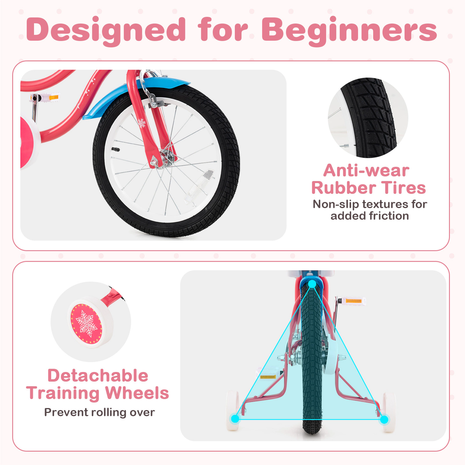 SUGIFT 12-in Pink Girls Bike with Rear Doll Seat Front Basket Training Wheels and Chain Guard