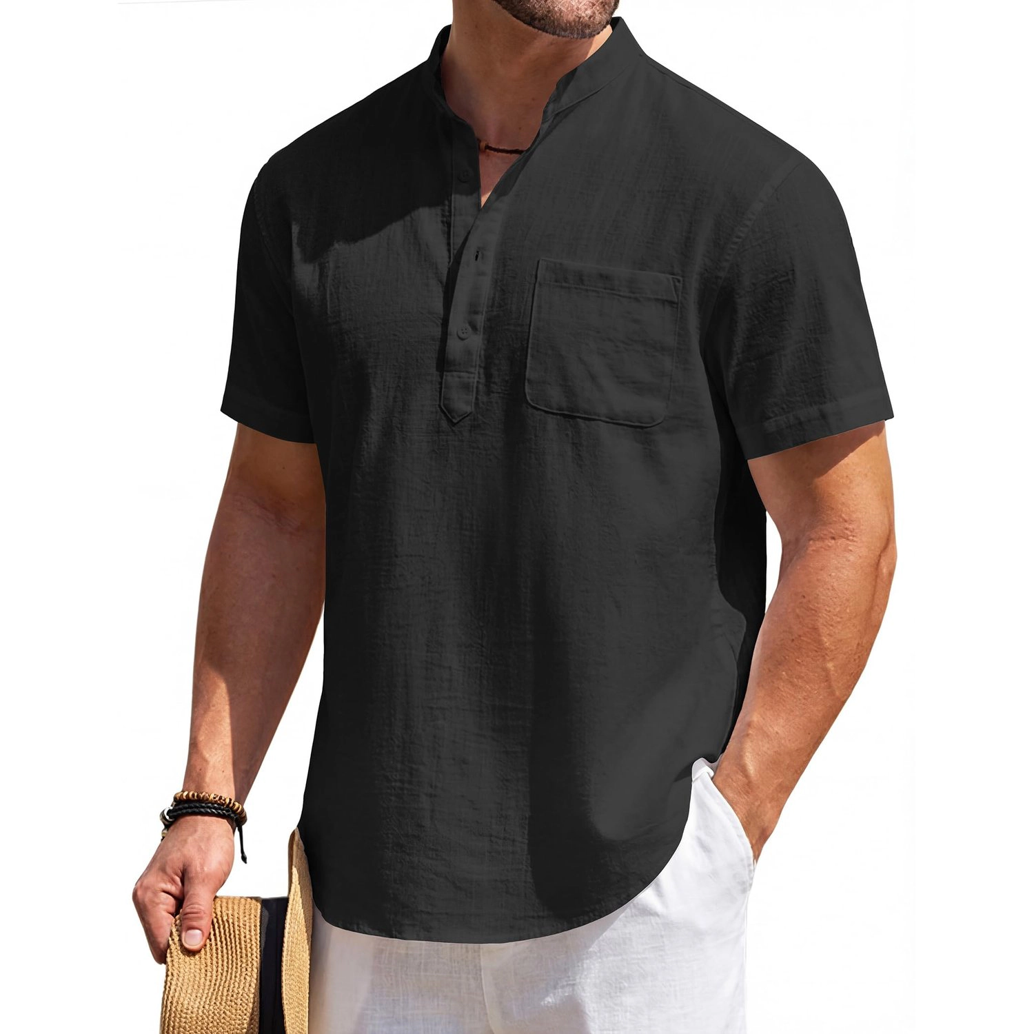 COOFANDY Mens Short Sleeve Henley Shirt Band Collar Chest Pocket Casual  Tops
