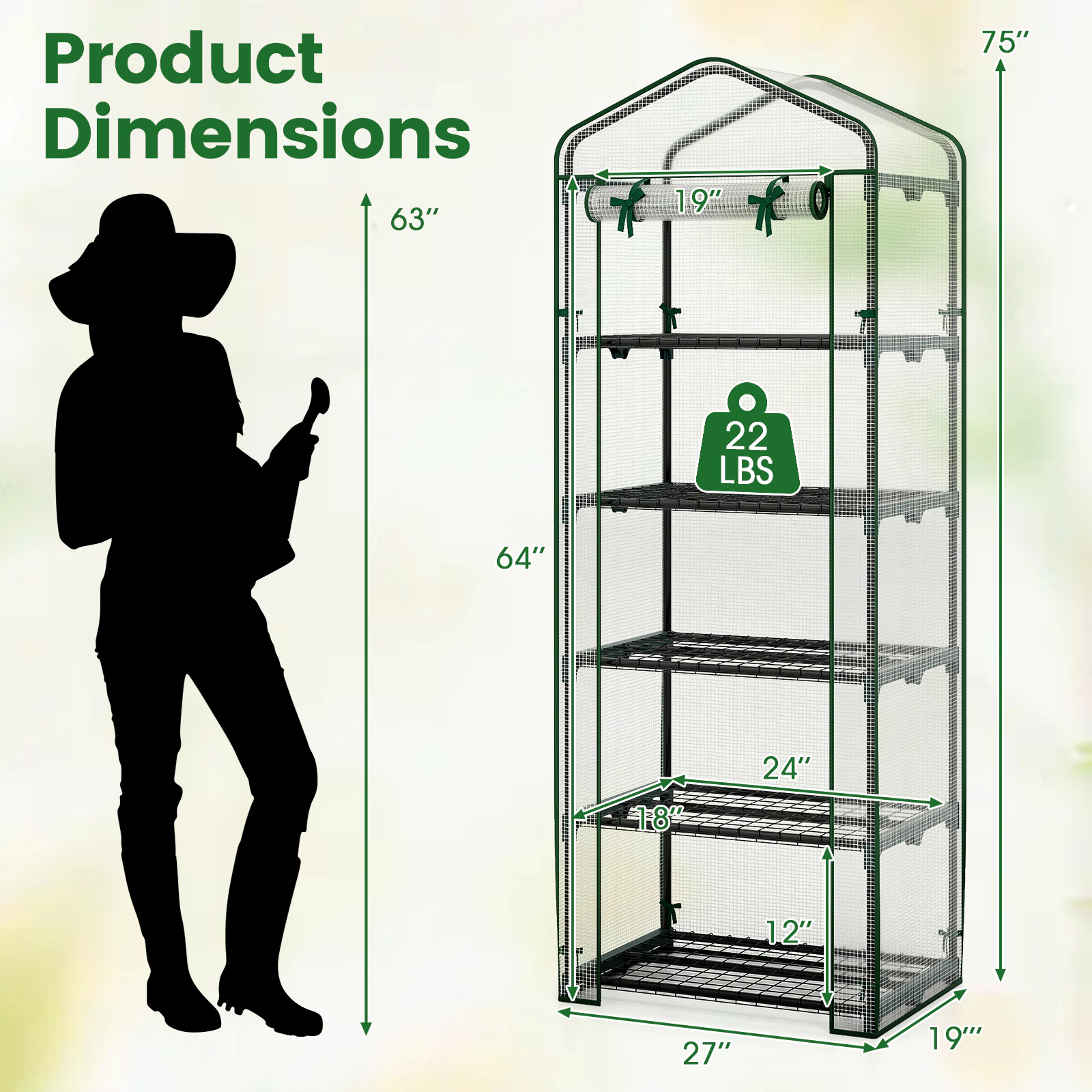 SUGIFT White 5 Tier Portable Mini Greenhouse with PE Cover and Roll-Up Door 27-in W 19-in D 75-in H