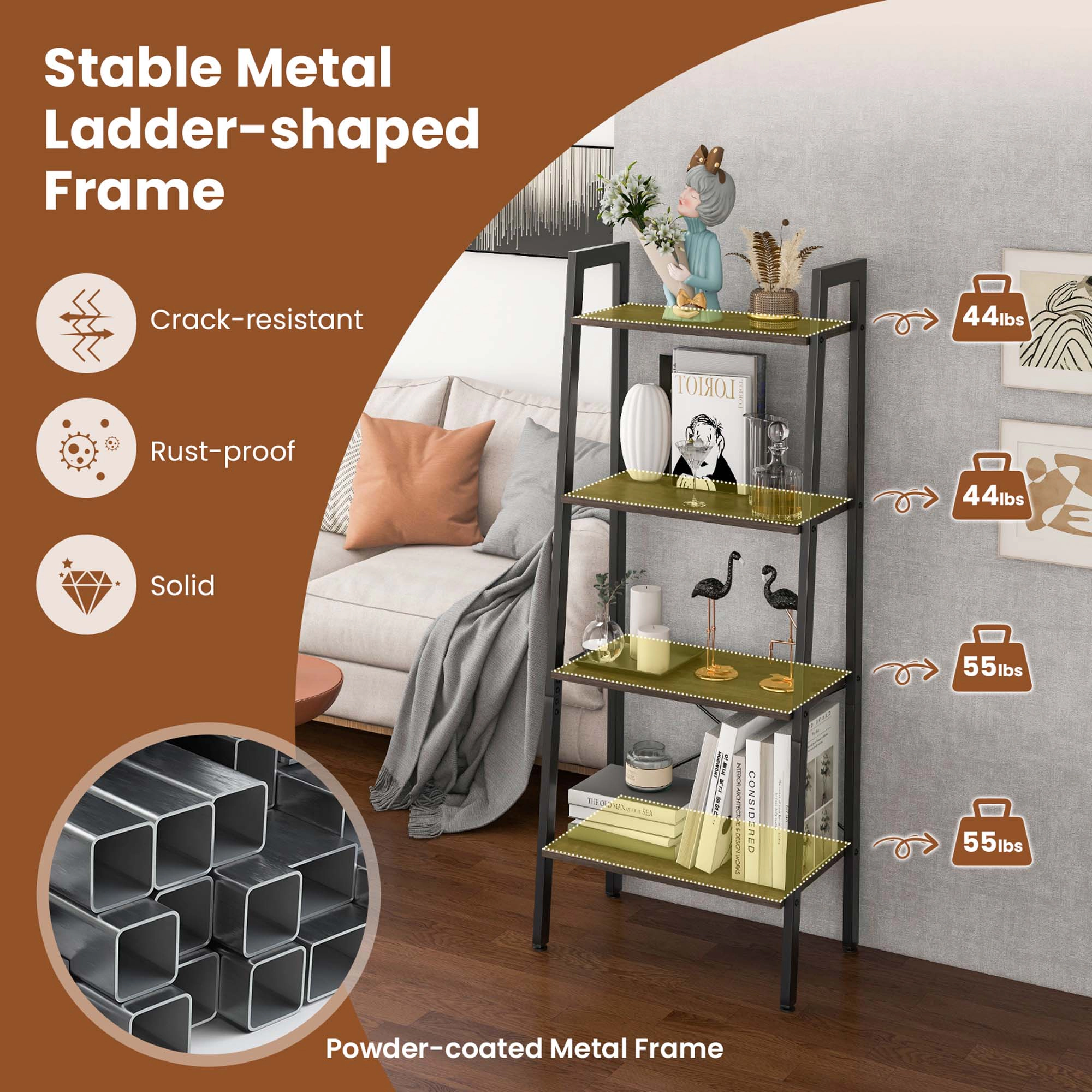 Costway 4-Tier Wood Ladder Shelf Bookcase Bookshelf Display Rack Dark Grey