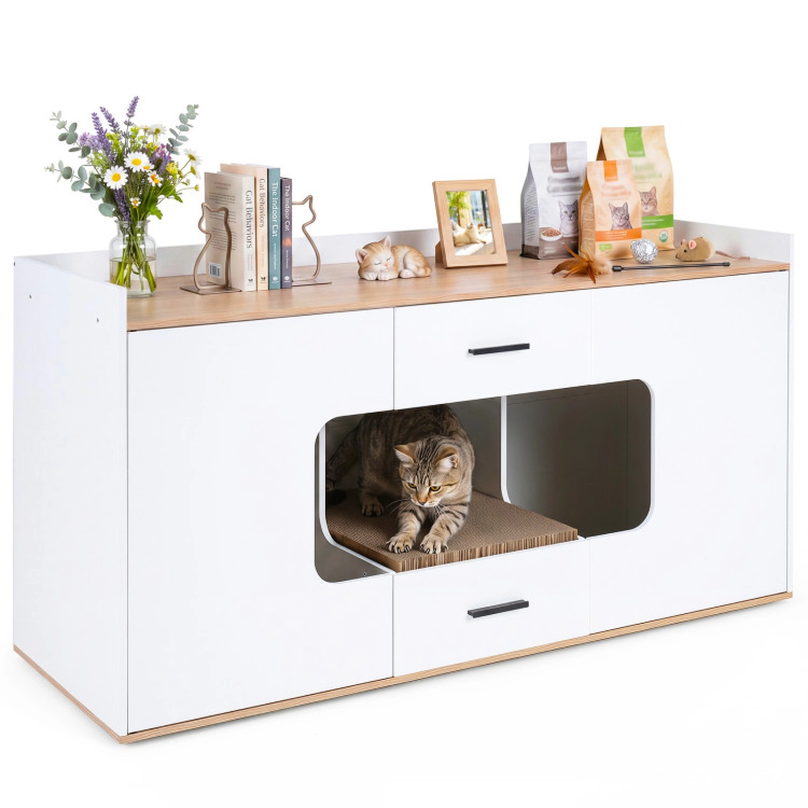 SUGIFT 55 x 30.5-in Natural Extra Large Hidden Cat Litter Box Enclosure Cabinet with 2 Drawers and 2 Doors