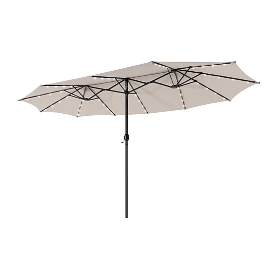 SUGIFT Double-Sided 15-Ft Twin Patio Umbrella with 48 Solar LED Lights Hand-Crank Steel Pole 15.4 x 9.2 x 8 in Beige