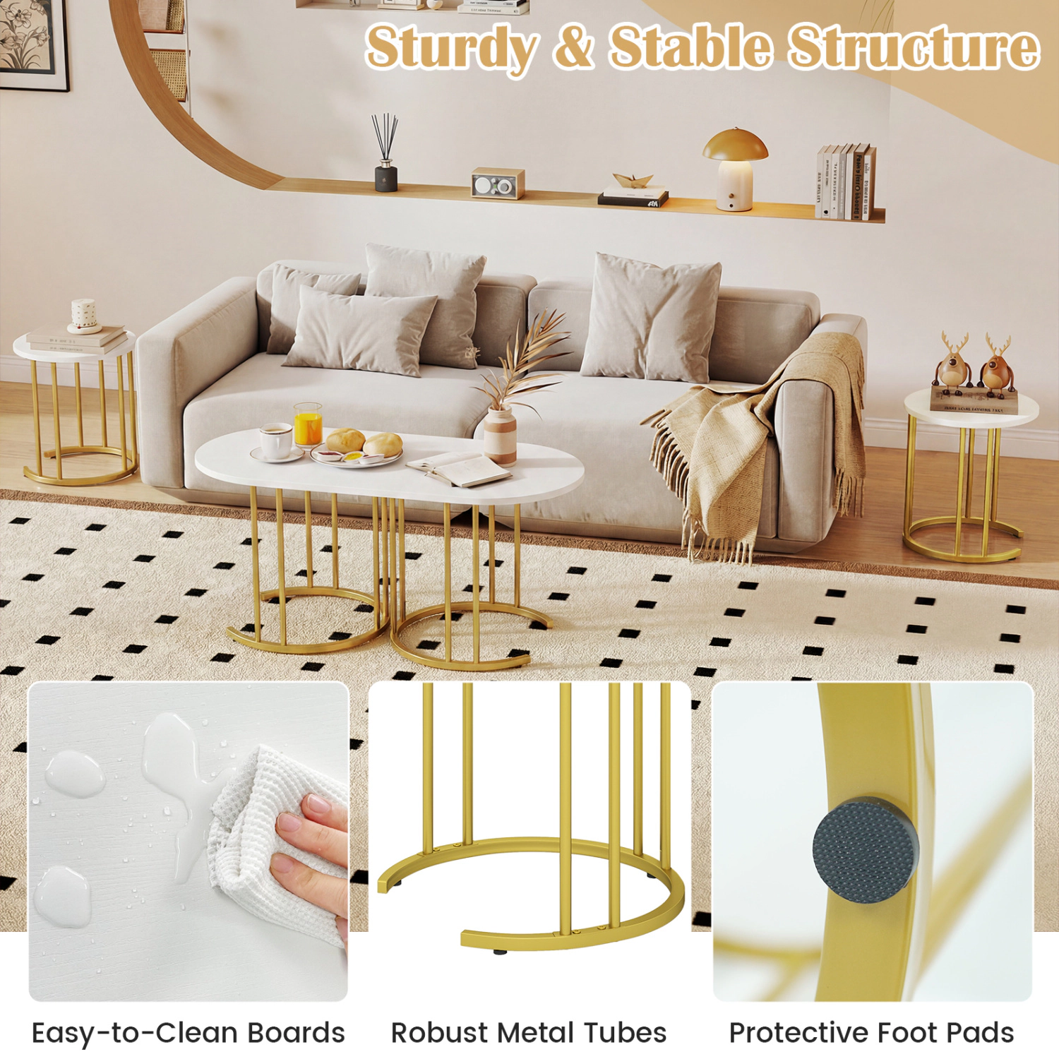 Glintex 3-Piece Nesting Coffee Table Set with Faux Marble Tops and Metal Frames, White & Gold