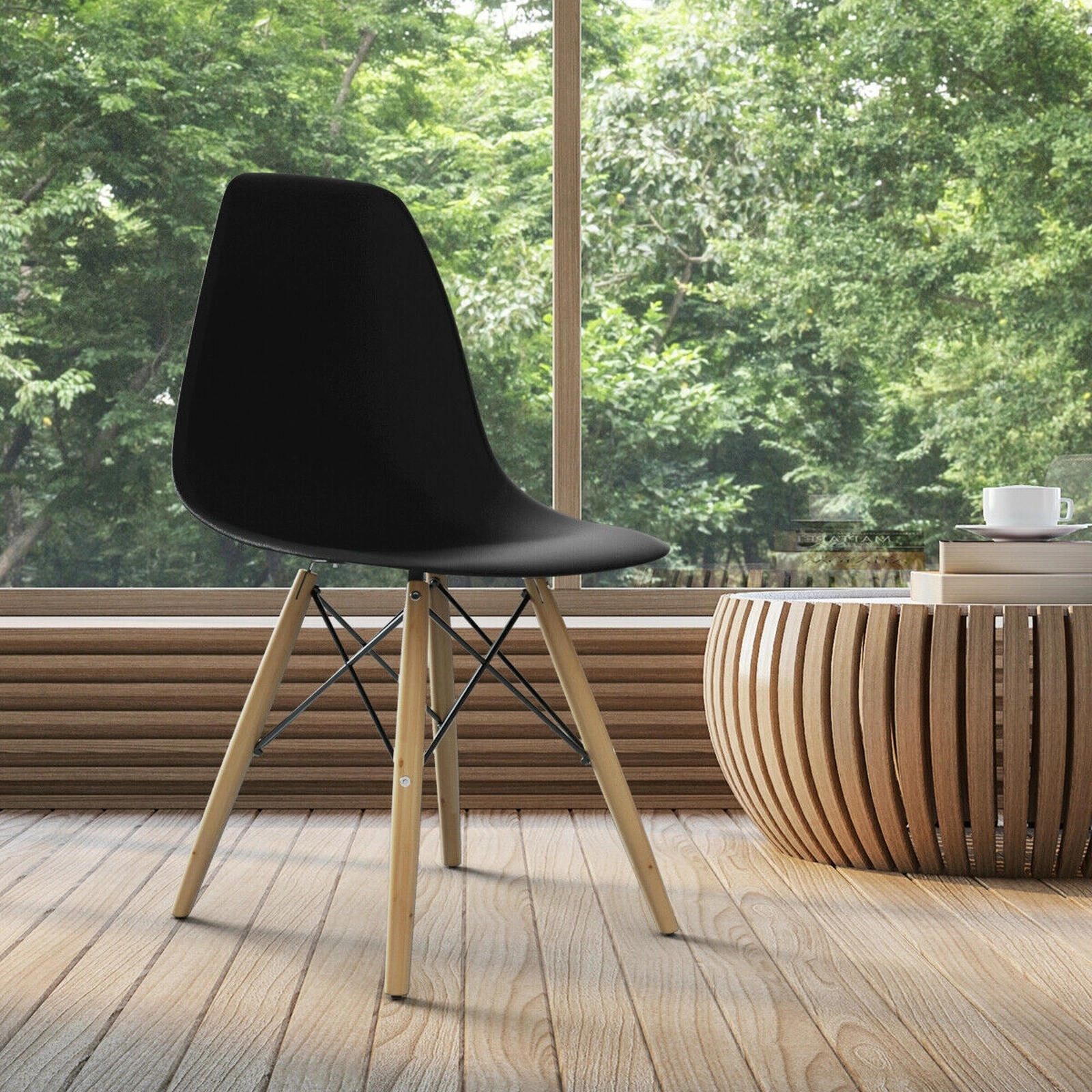 SUGIFT Set of 2 Black Mid-Century Modern Molded Shell Dining Chairs with Solid Beech Wood Legs for Kitchen