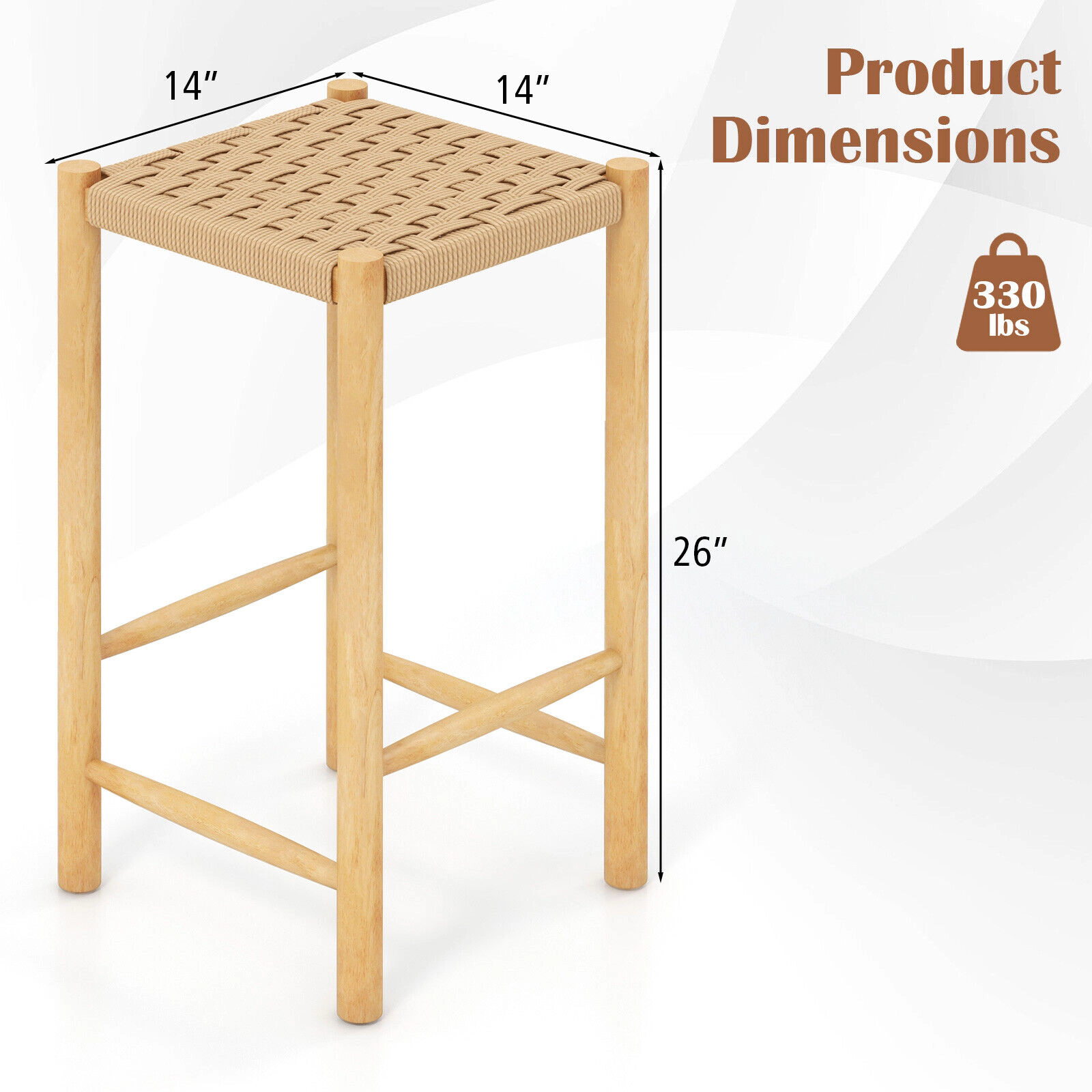 SUGIFT Woven Paper Rope Seat 330-lb Set of 2 Natural Rubber Wood Bar Stools