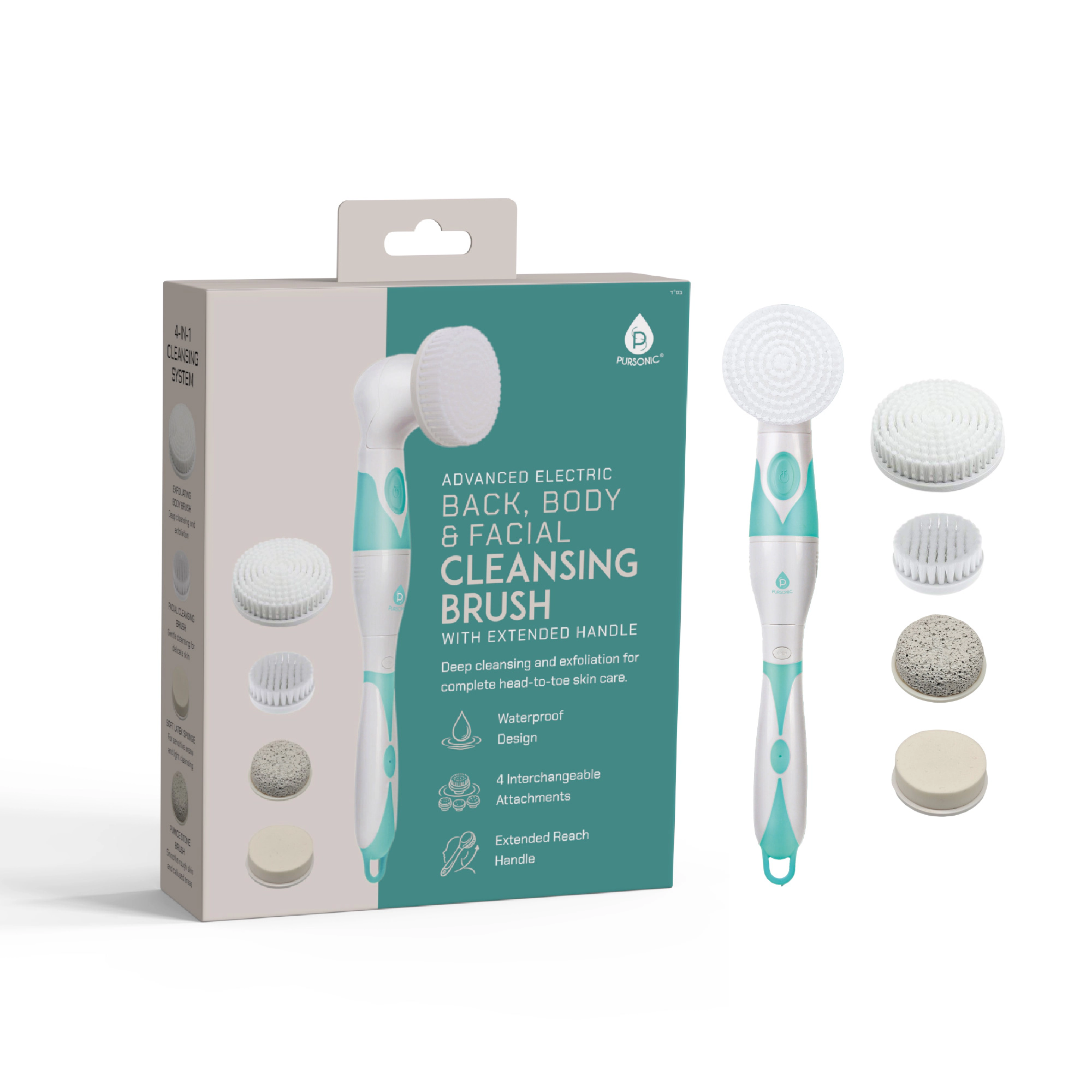 Pursonic Unisex Waterproof 360° Facial & Body Exfoliating Cleansing Brush with Extended Handle