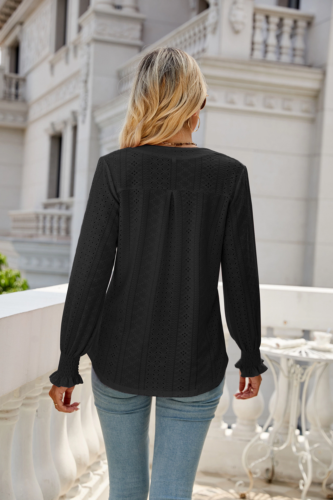 Enchanted Funland Womens Eyelet Long Sleeve Smocked Ruffle Cuff Casual Blouse