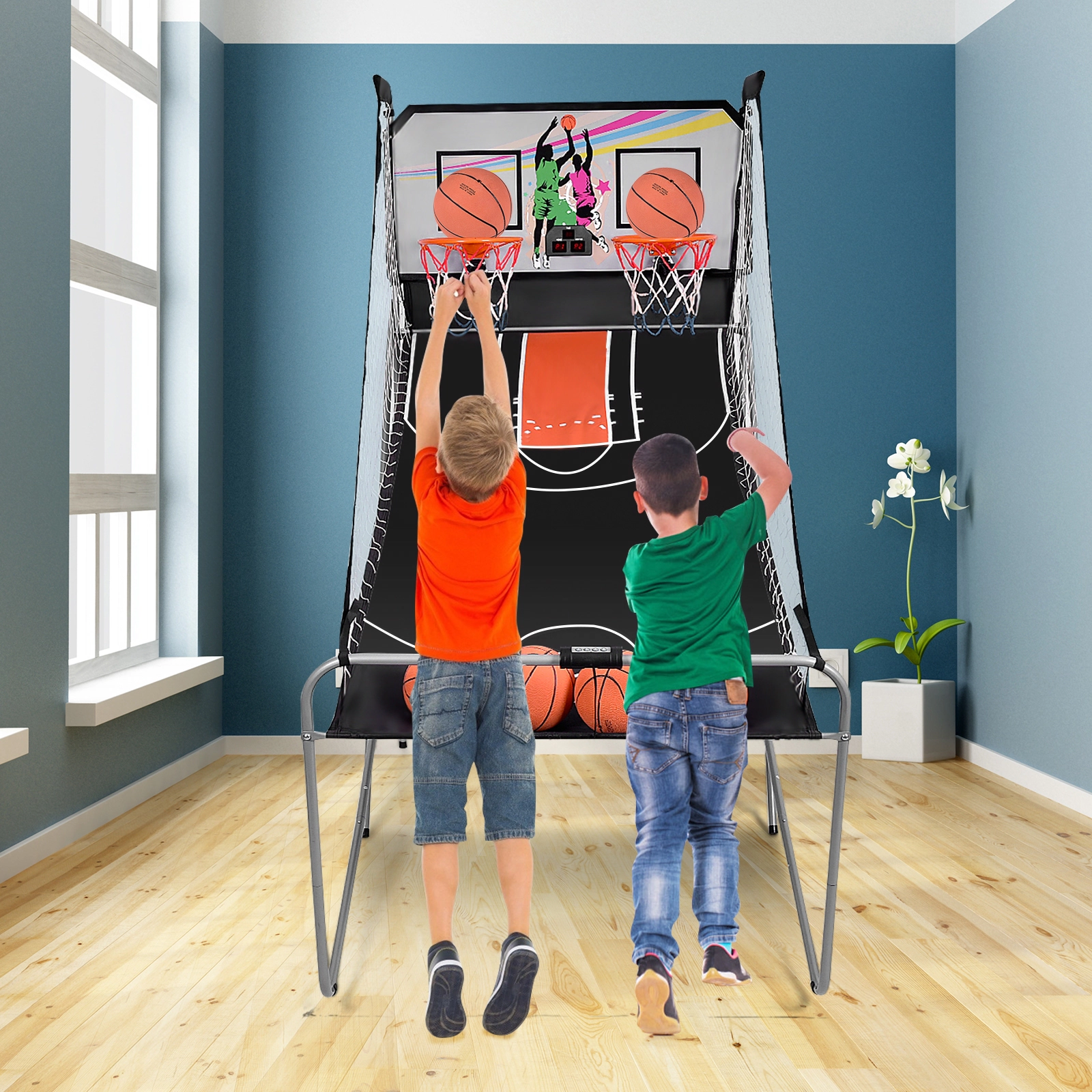 SUGIFT Double Electronic Basketball Game with 4 Spheres and Dual Hoops Indoor Arcade Style 80-in Deep Playfield As