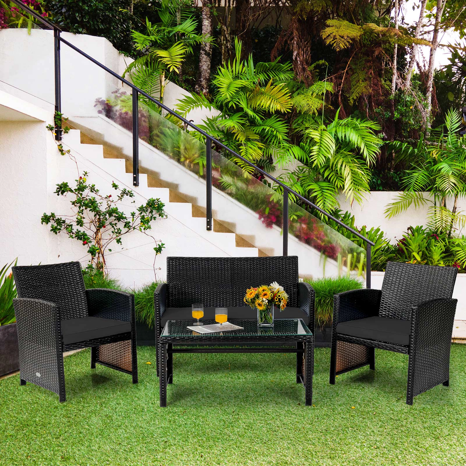 LJG 4 Pieces Patio Rattan Cushioned Furniture Set with Coffee Table