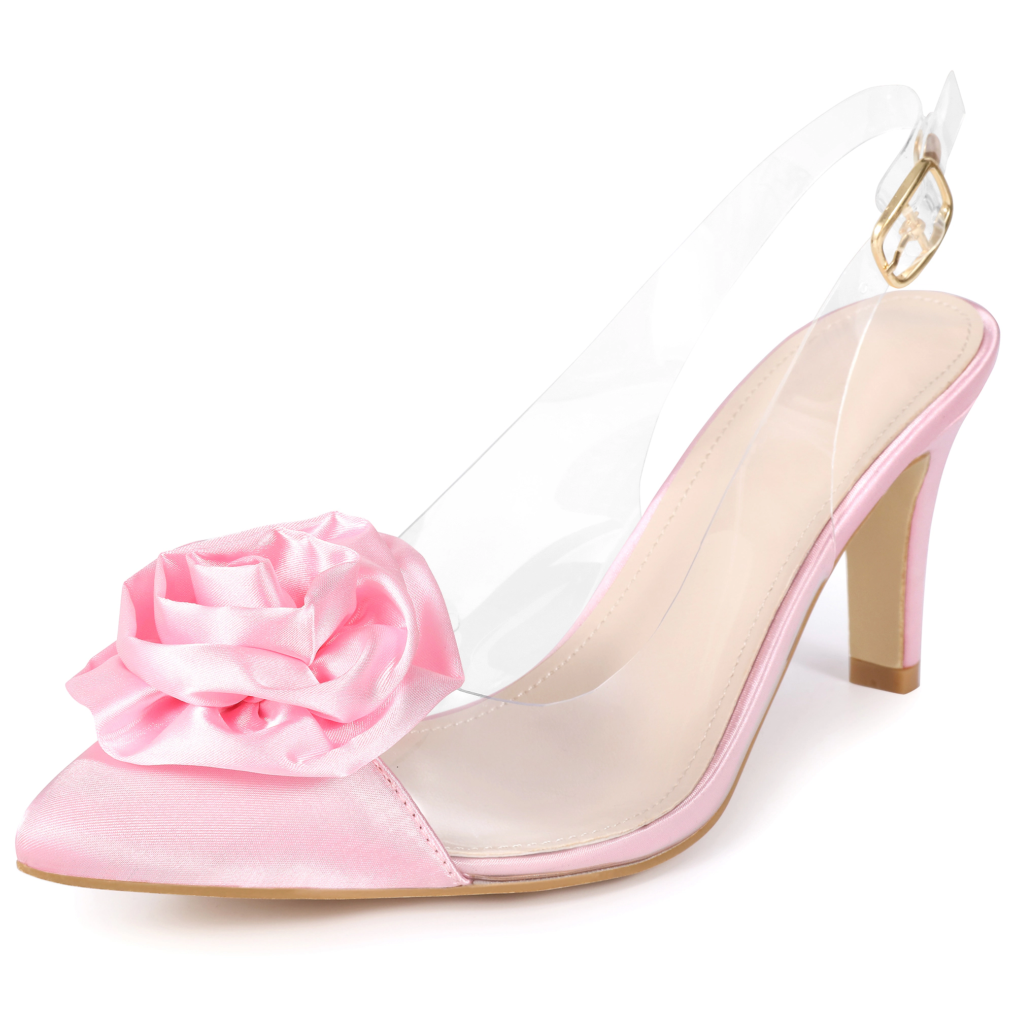 BLISSFUL STEP Women's Clear Flower Pointed Toe Stiletto Heel Slingback Sandals
